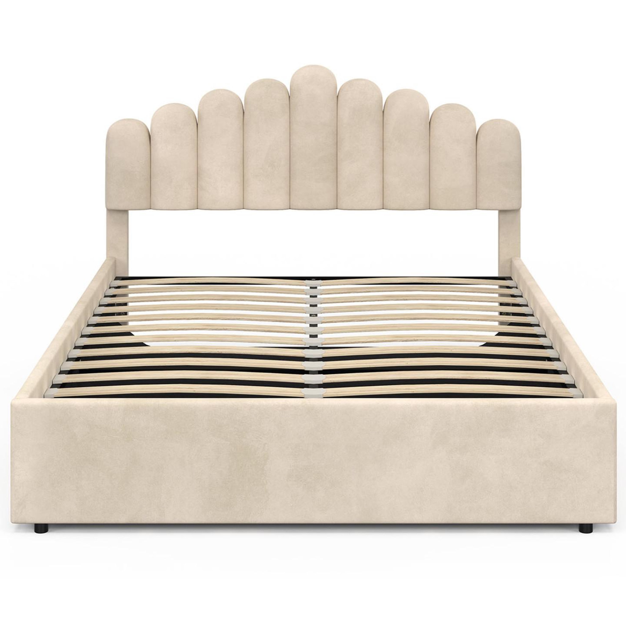 Voir la diapositive 3 : ID MARKET Lit coffre double noelie avec tête de lit et sommier 140 x 190 cm velours beige