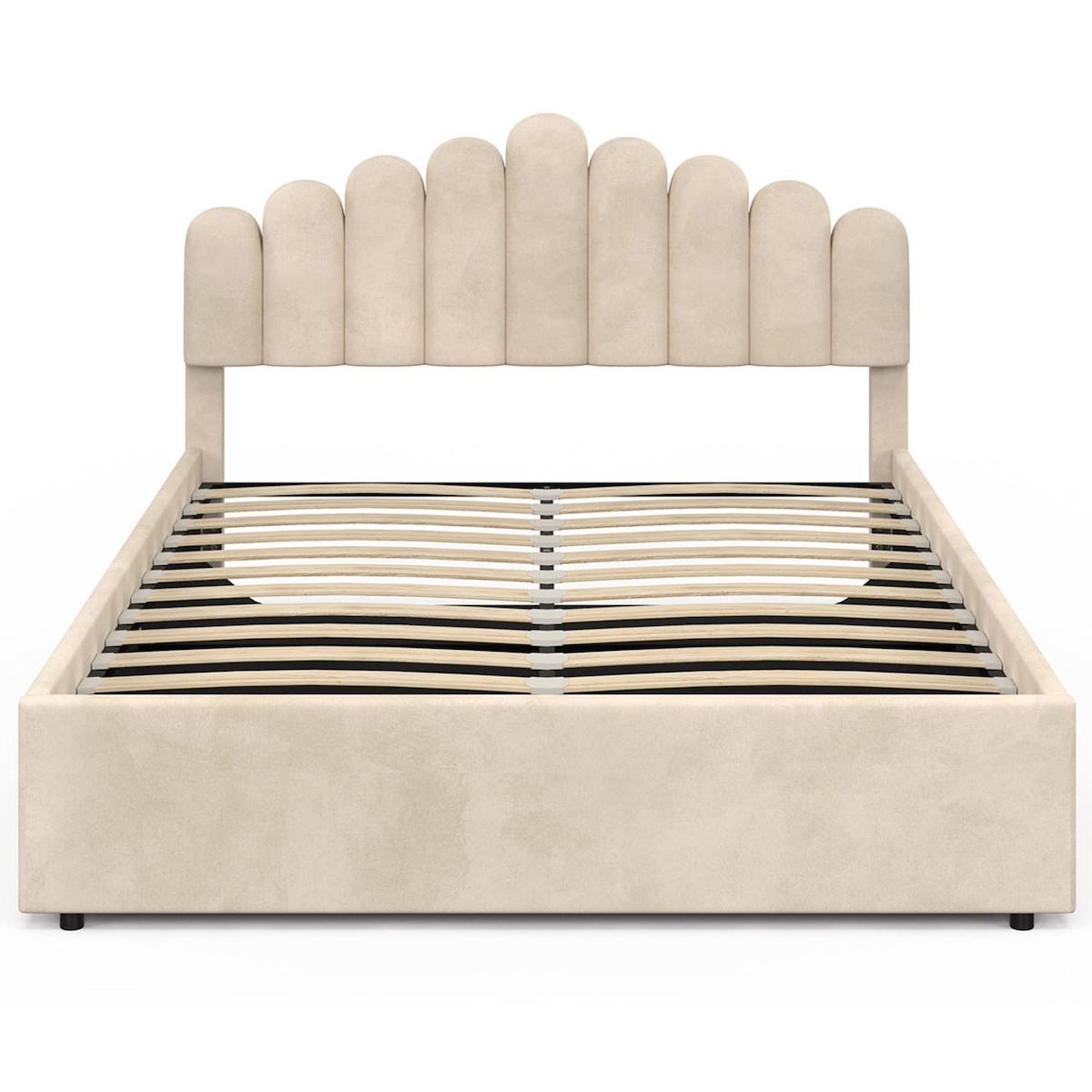 ID MARKET Lit coffre double NOELIE avec tête de lit et sommier 140 x 190 cm velours beige