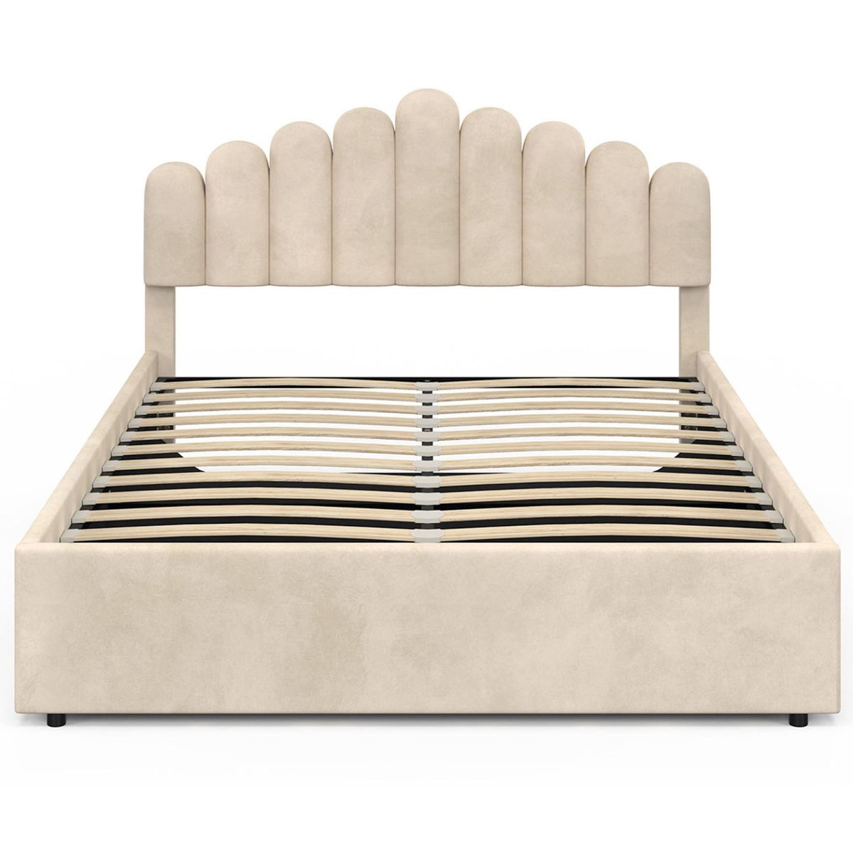 ID MARKET Lit coffre double NOELIE avec tête de lit et sommier 140 x 190 cm velours beige