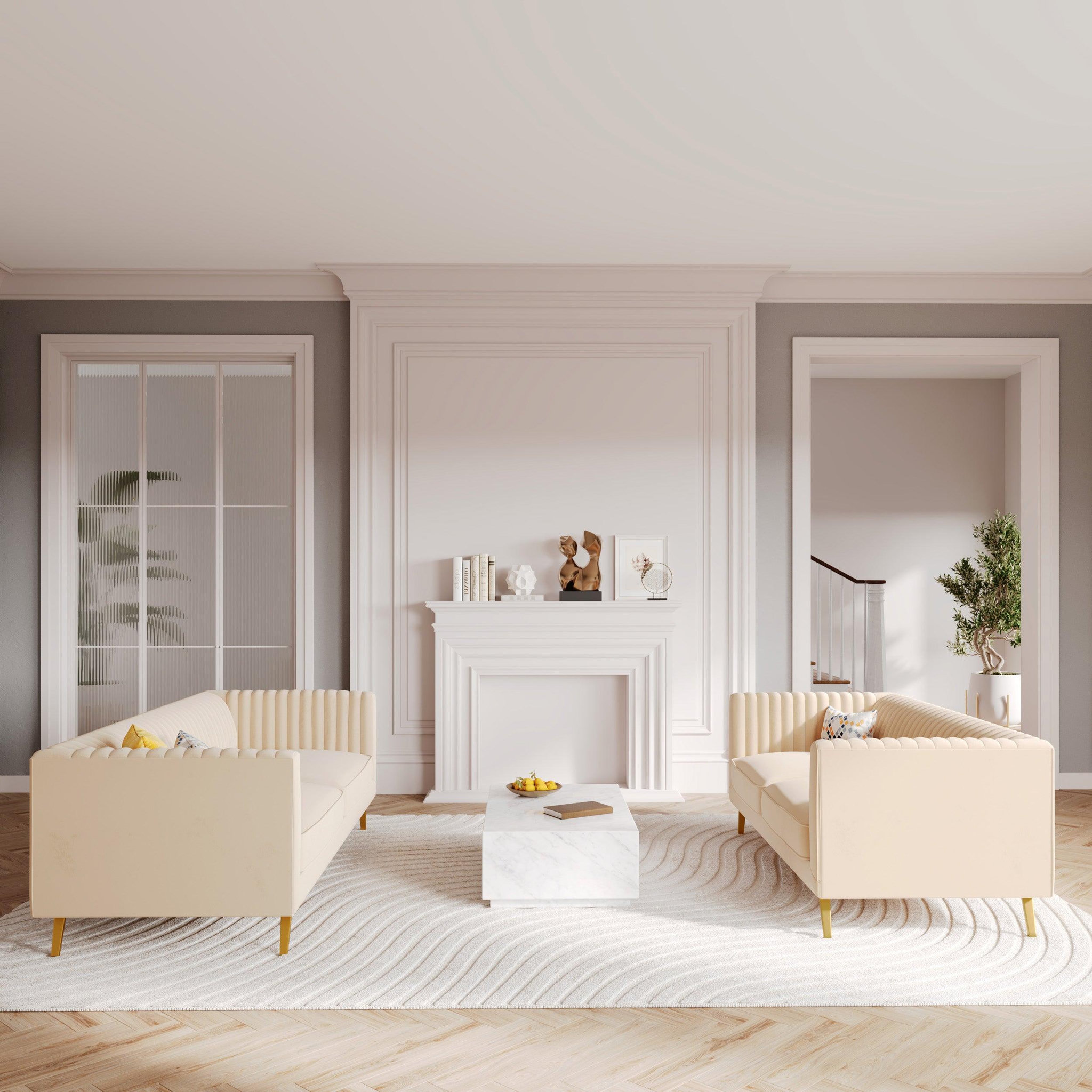 Voir la diapositive 5 : MAISON PAVANE Ensemble canapés en velours beige 5 places-Gatsby