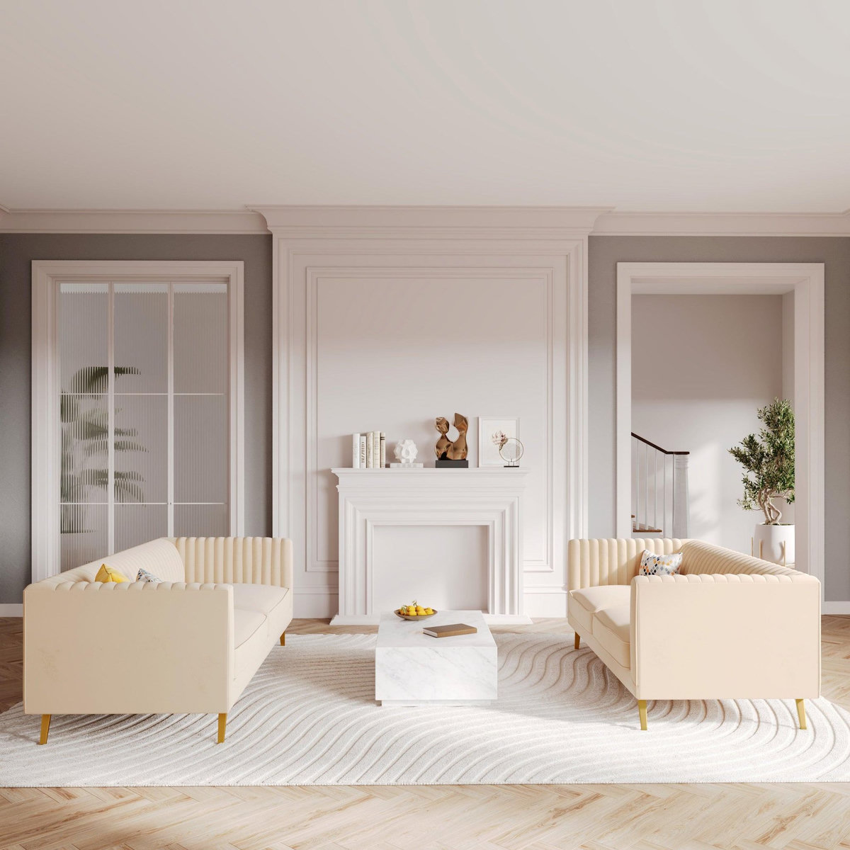 Rendez vous déco Ensemble canapés en velours beige 5 places-Gatsby