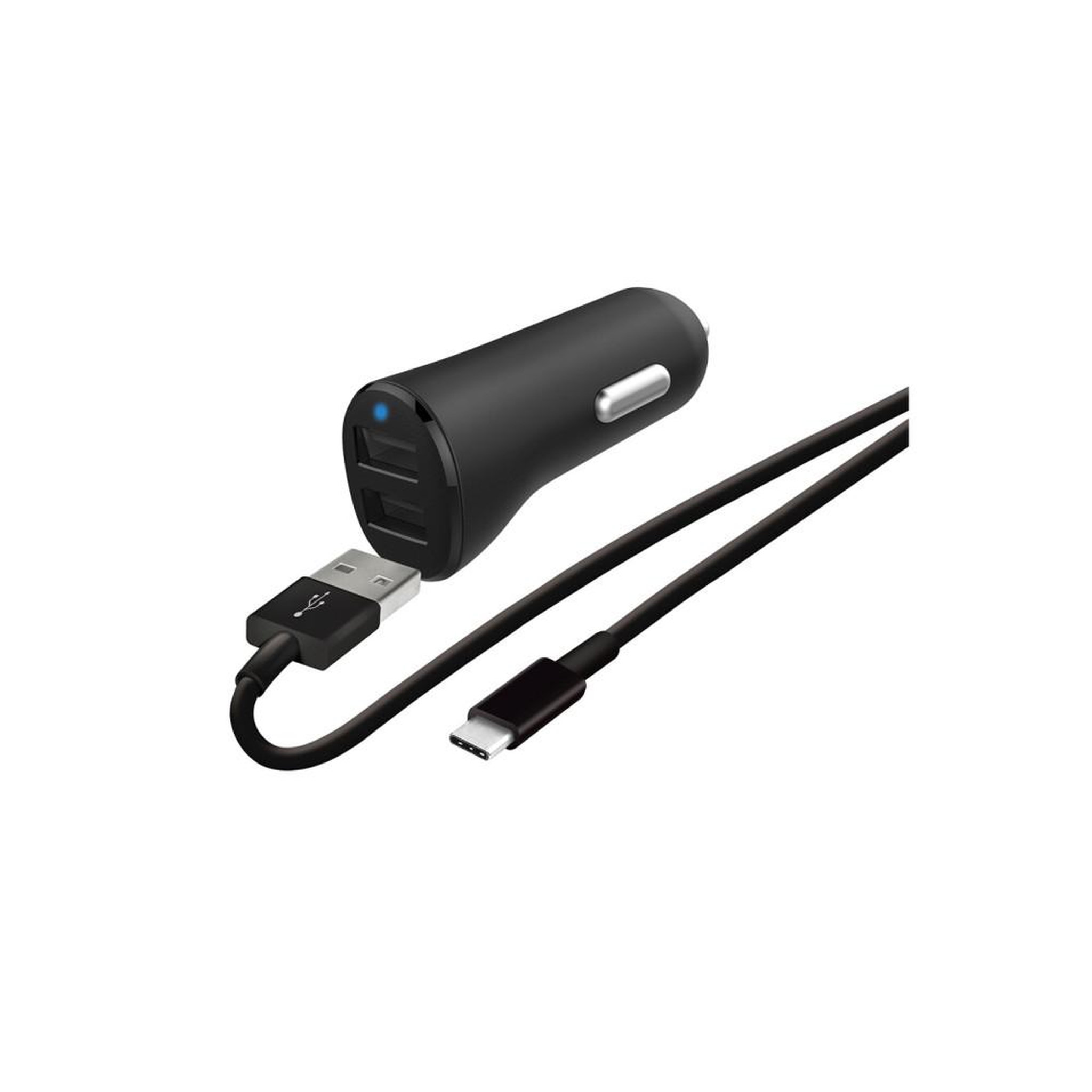Chargeur allume-cigare voiture noir 2x USB-A 4,8A et câble USB-C 1 m pour recharger 2 appareils