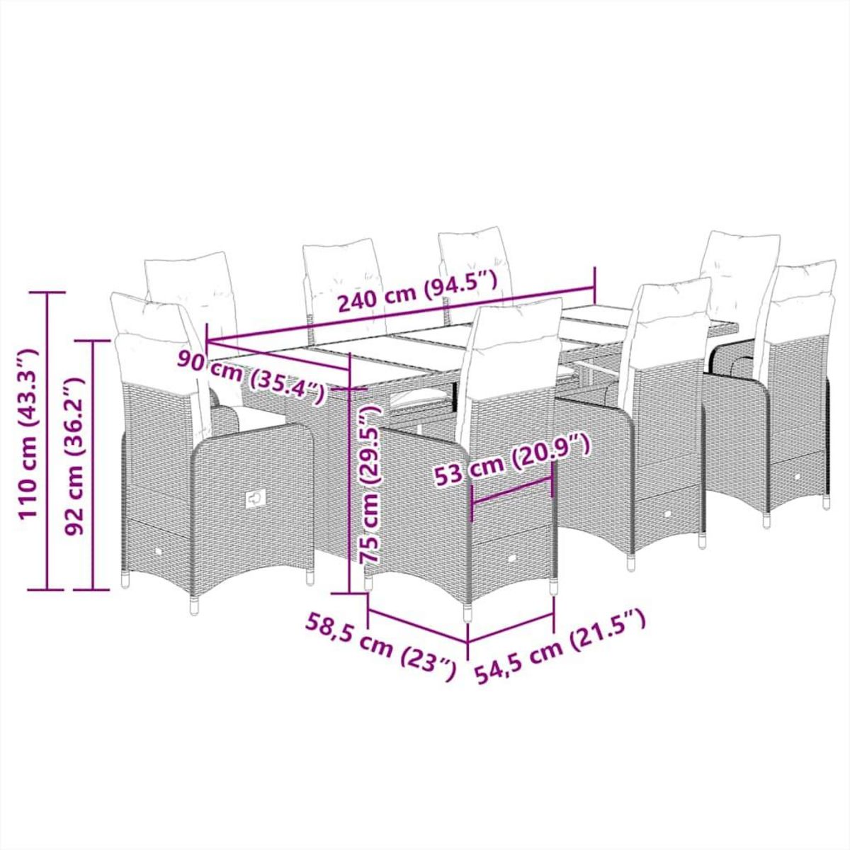 VIDAXL Ensemble de bistro de jardin 9 pcs coussins beige poly rotin