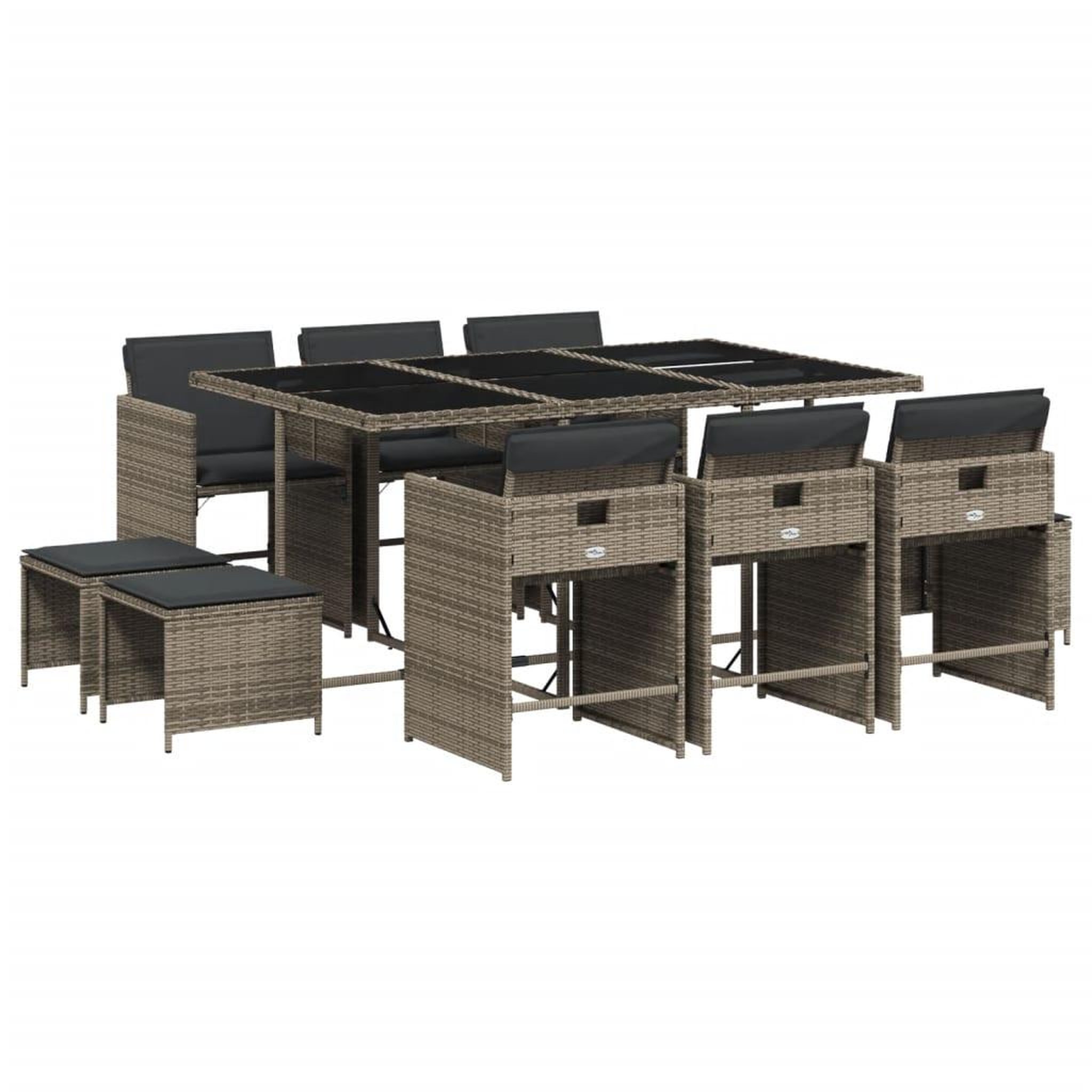 Voir la diapositive 2 : VIDAXL Ensemble a manger de jardin 11pcs avec coussins gris poly rotin