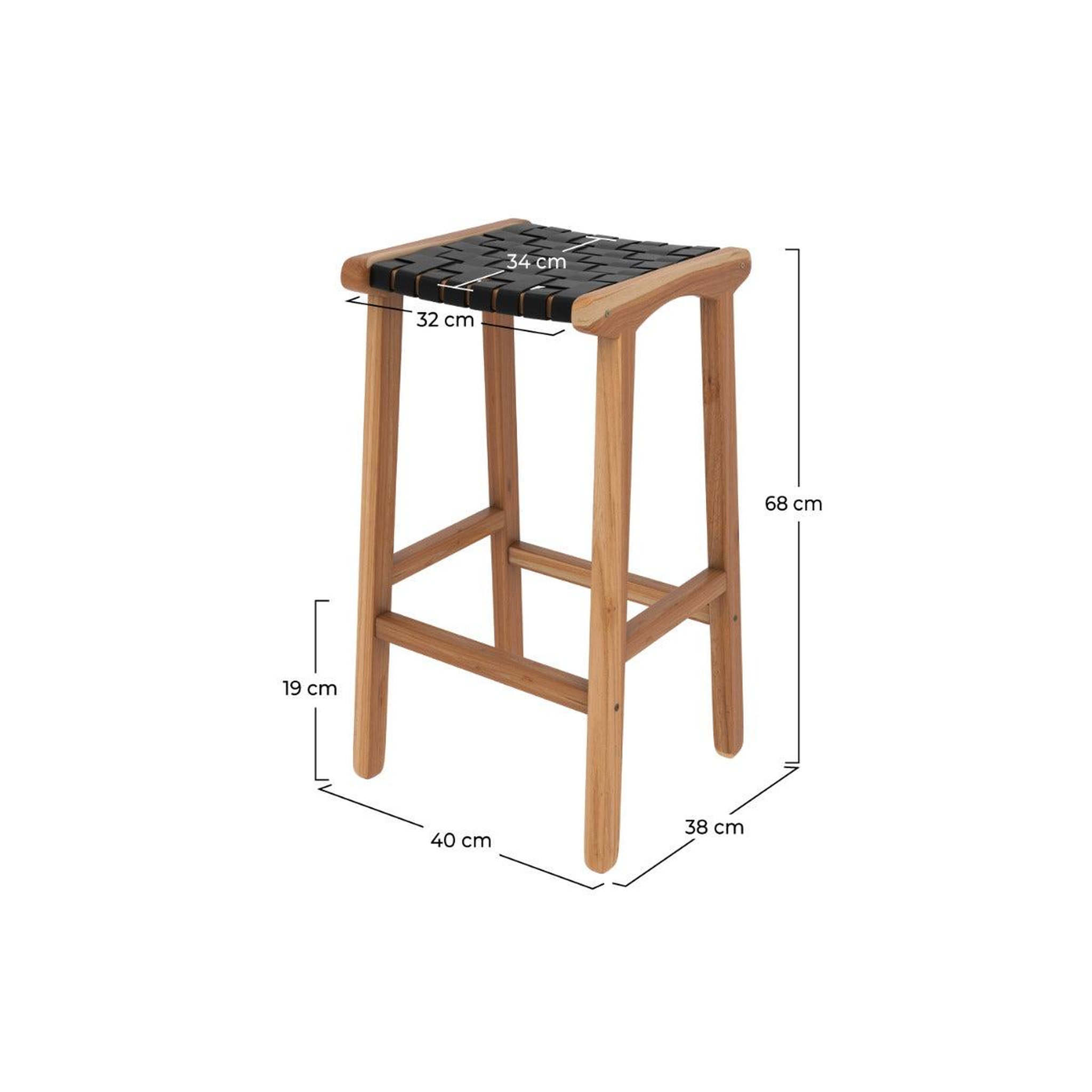 Voir la diapositive 4 : MAISON PAVANE Tabouret pour îlot central 68 cm en teck et cuir tressé noir-kuna