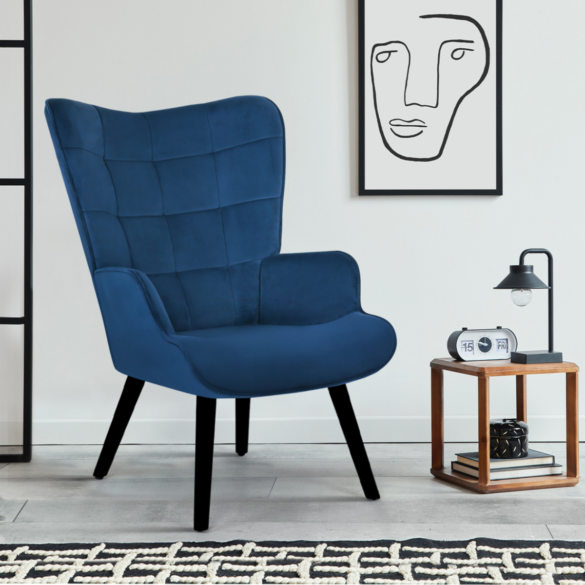 ID MARKET Fauteuil scandinave ANIA en velours bleu