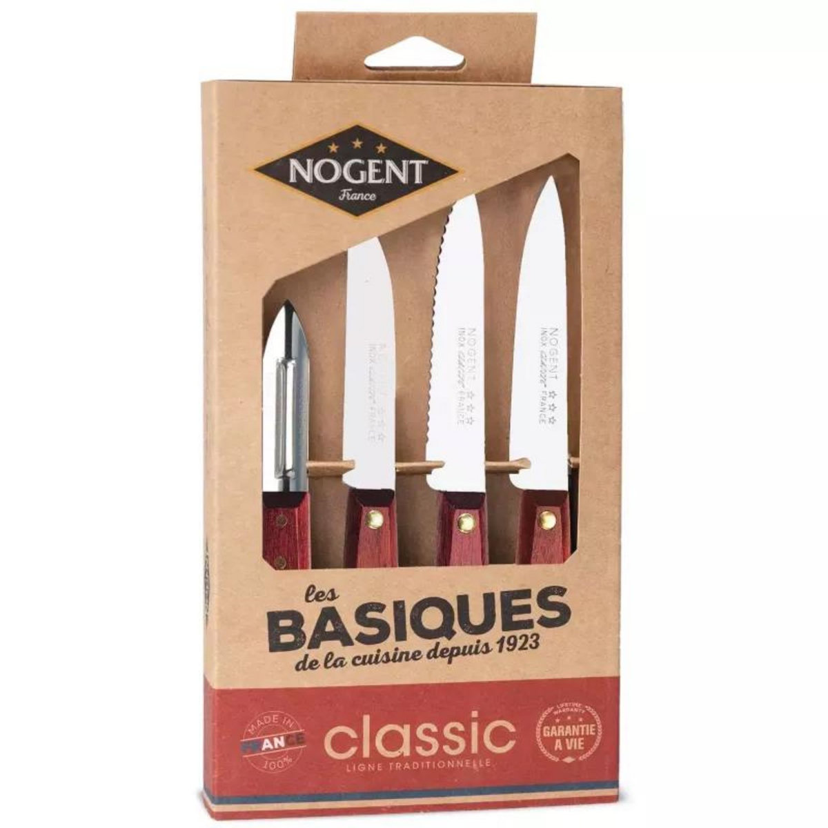 Nogent 3 etoiles Coffret de 3 couteaux et un éplucheur merisier - 00083V