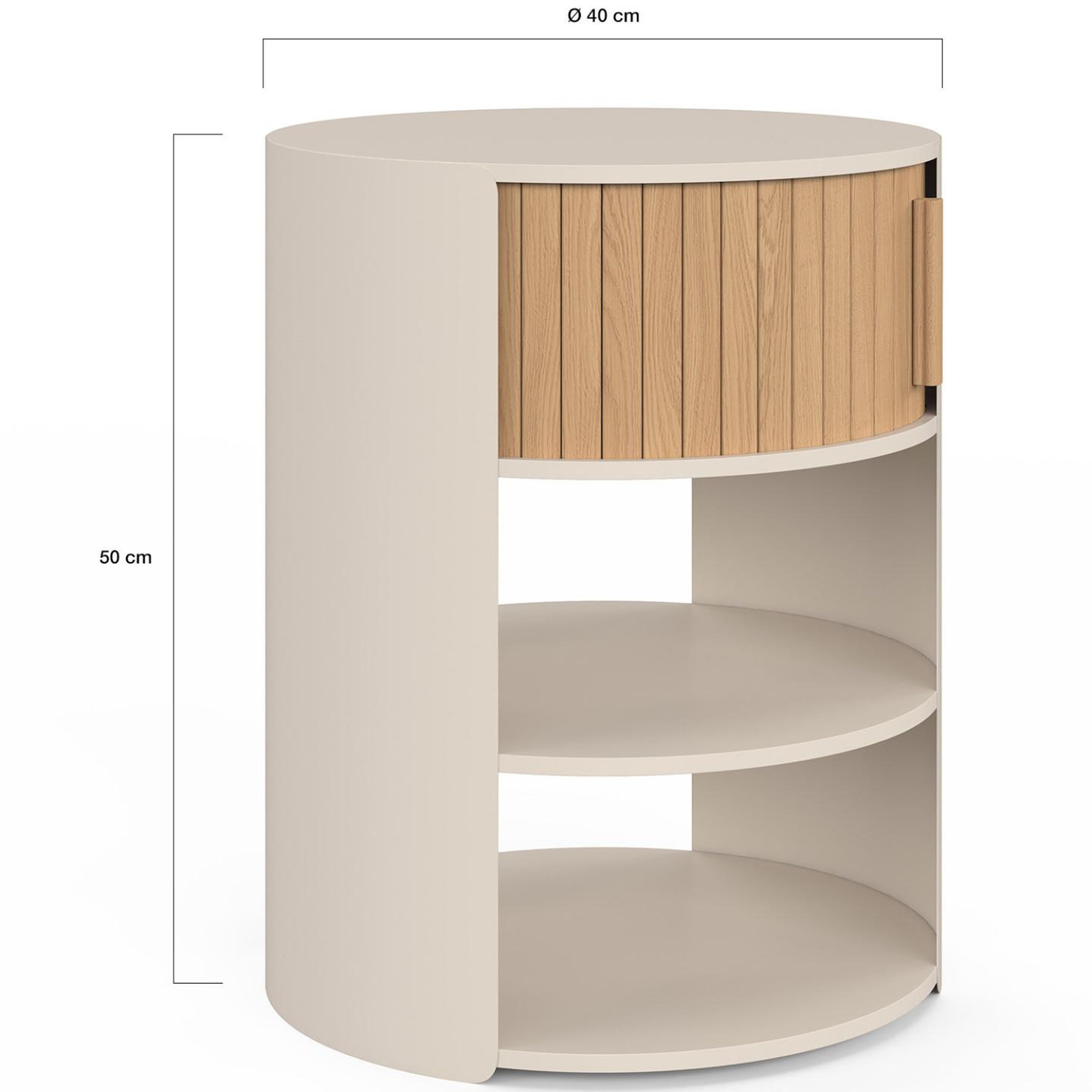 Voir la diapositive 4 : ID MARKET Lot de 2 tables de chevet rondes tono beige avec 1 porte coulissante effet lattes table d'appoint