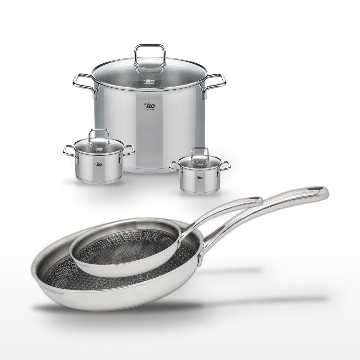 ELO Lot 2 Poêles 24/28cm et 3 Faitouts 12/14/26cm Elo Relief Evolution