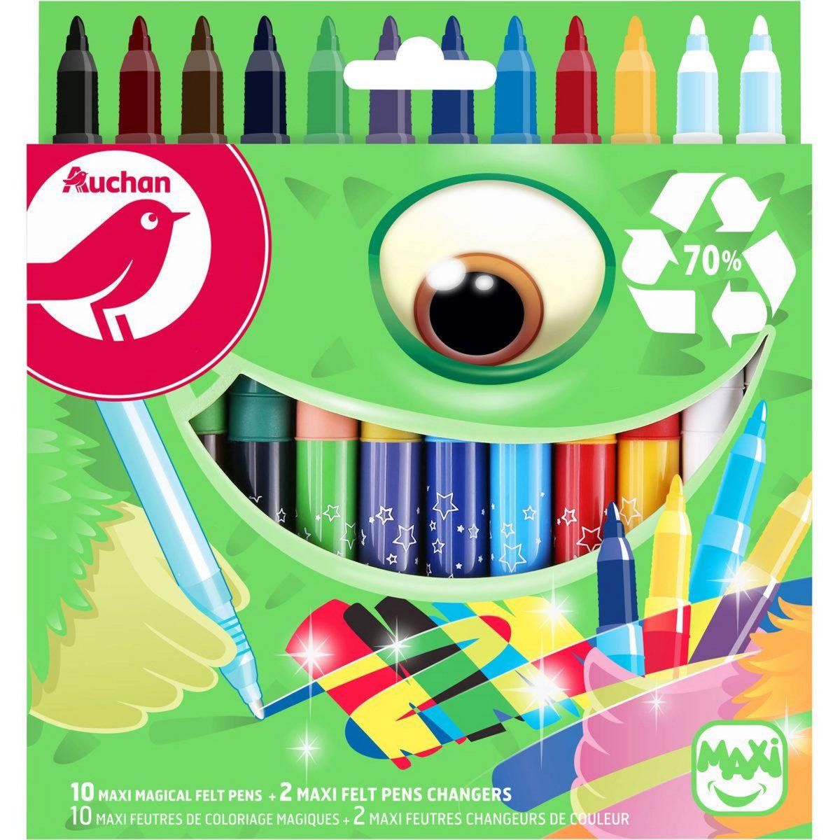 AUCHAN Boîte de 10 feutres de coloriage magiques + 2 feutres changeur de couleur pointe large