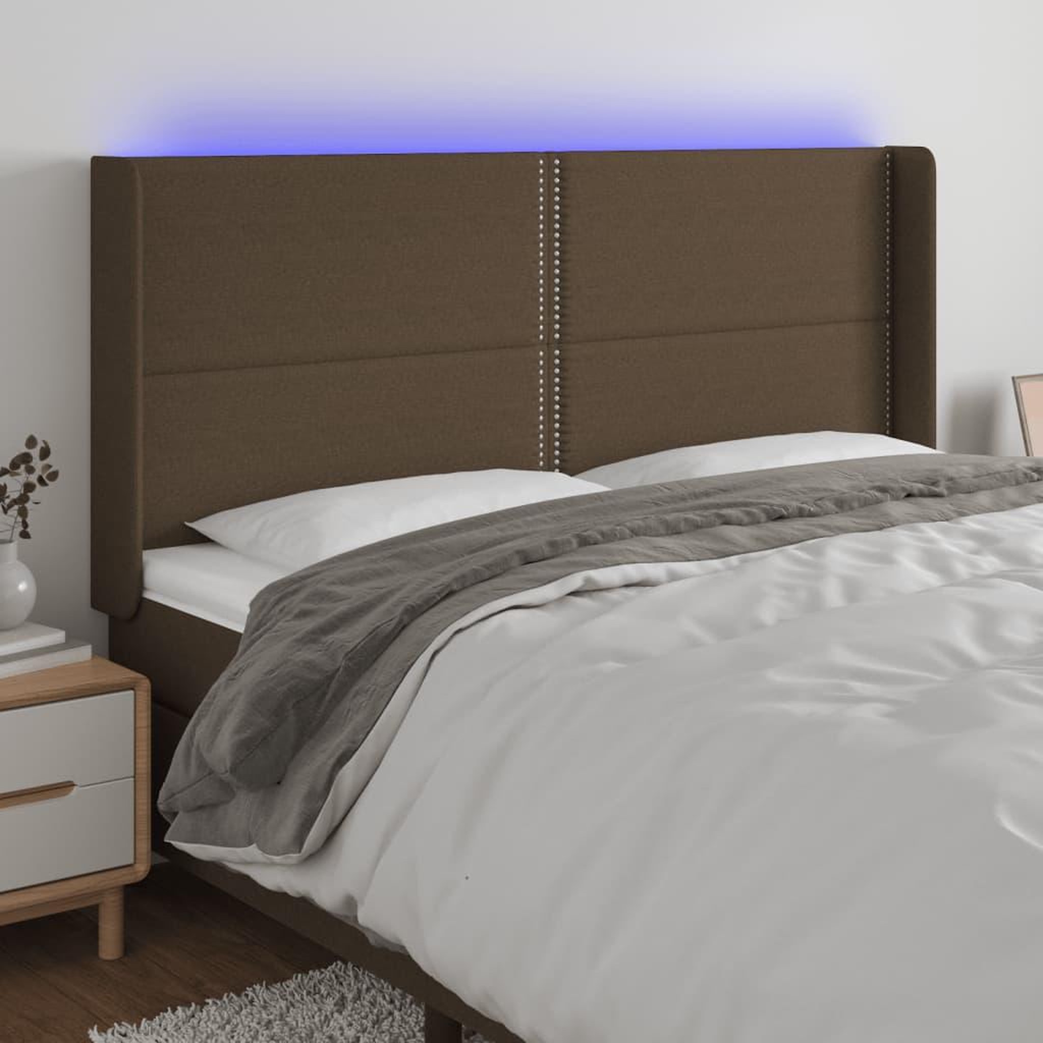 Voir la diapositive 1 : VIDAXL Tete de lit a LED Marron fonce 183x16x118/128 cm Tissu