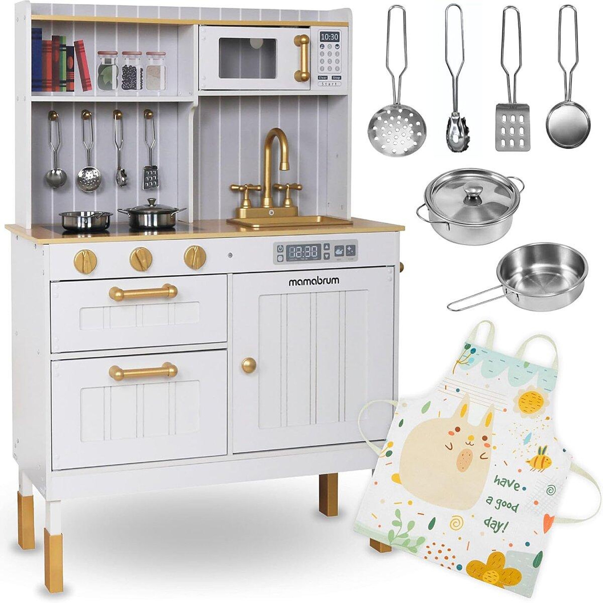 MAMABRUM Cuisine enfant 3+ en bois avec accessoires et tablier - micro-ondes, four, évier