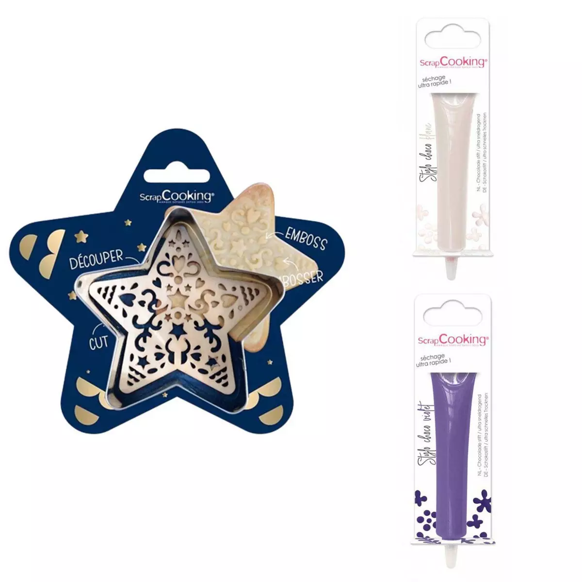 SCRAPCOOKING Kit pour biscuit en relief Étoile + 2 Stylos au chocolat blanc et violet