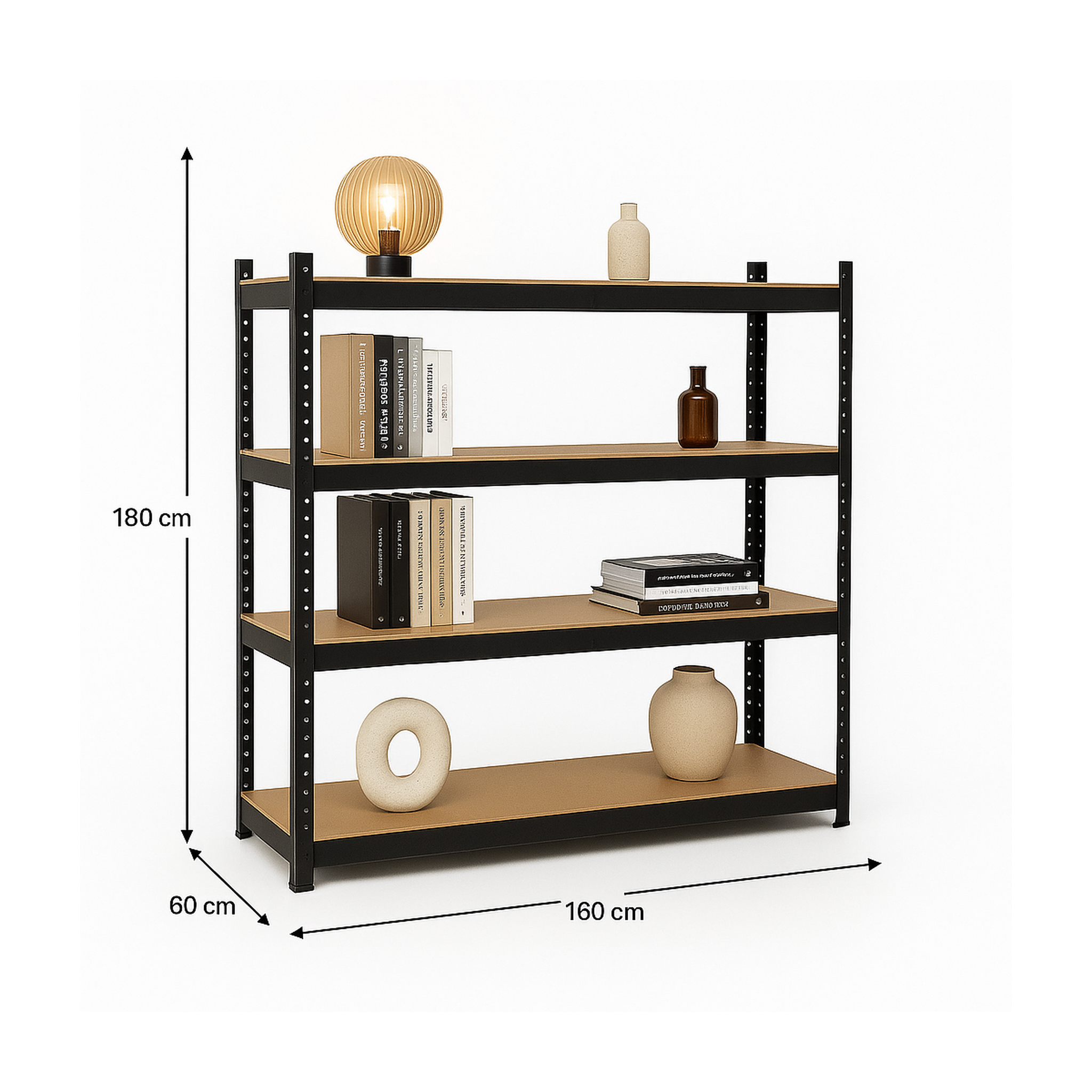 Voir la diapositive 2 : INTEC Etagère de rangement charges lourdes 1600kg noire 160 x 60 x h180cm - rayonnage métal 4 plateaux bois intec