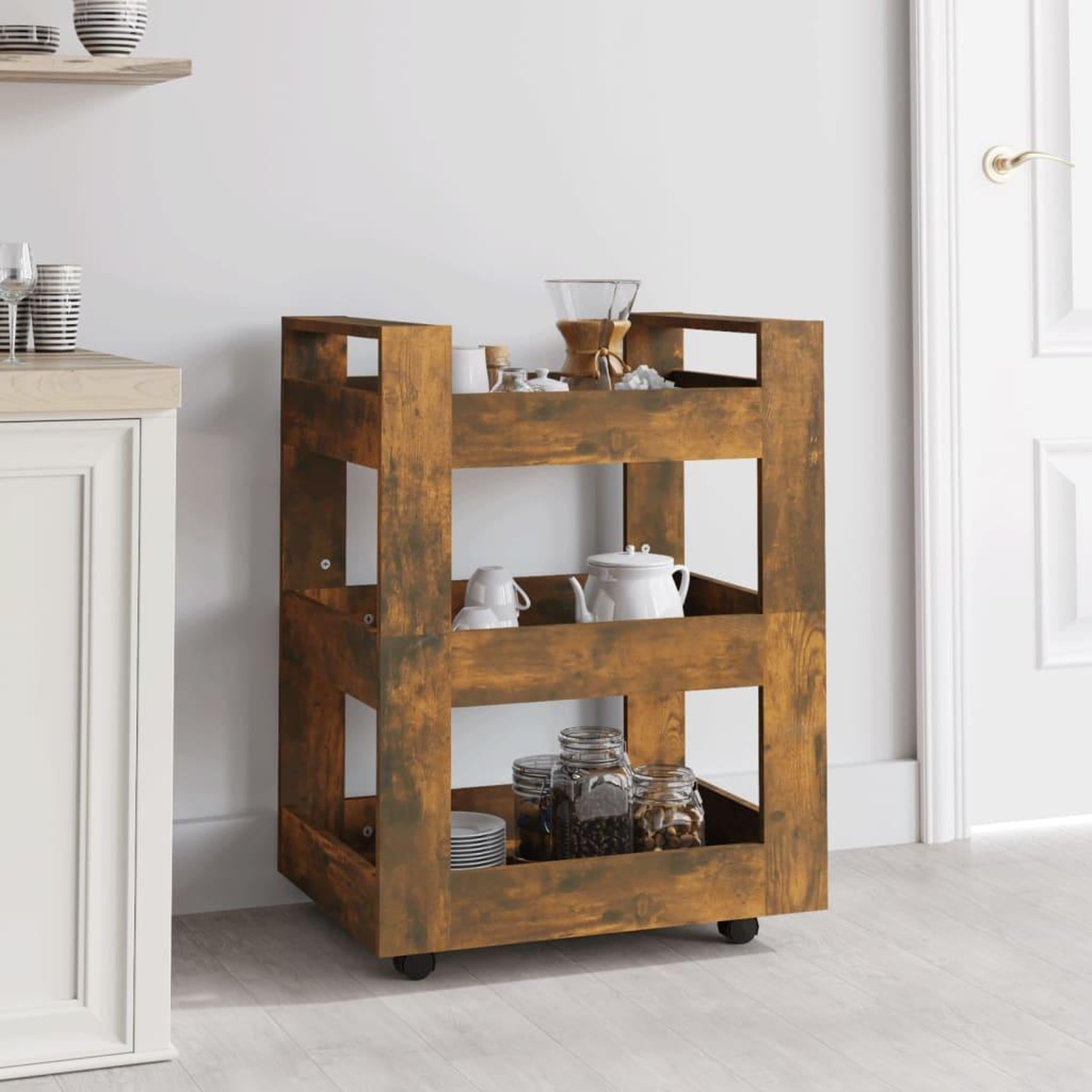 Voir la diapositive 1 : VIDAXL Chariot de cuisine Chene fume 60x45x80 cm Bois d'ingenierie