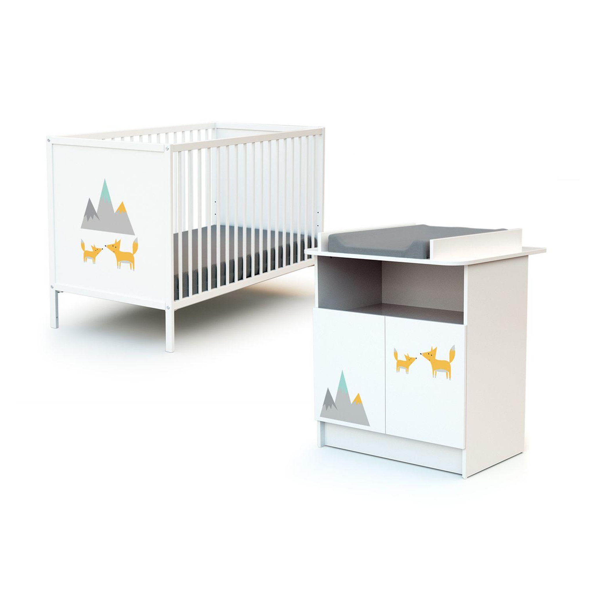 Ensemble lit bébé 60x120 cm + commode à langer 2 portes RENARD Blanc