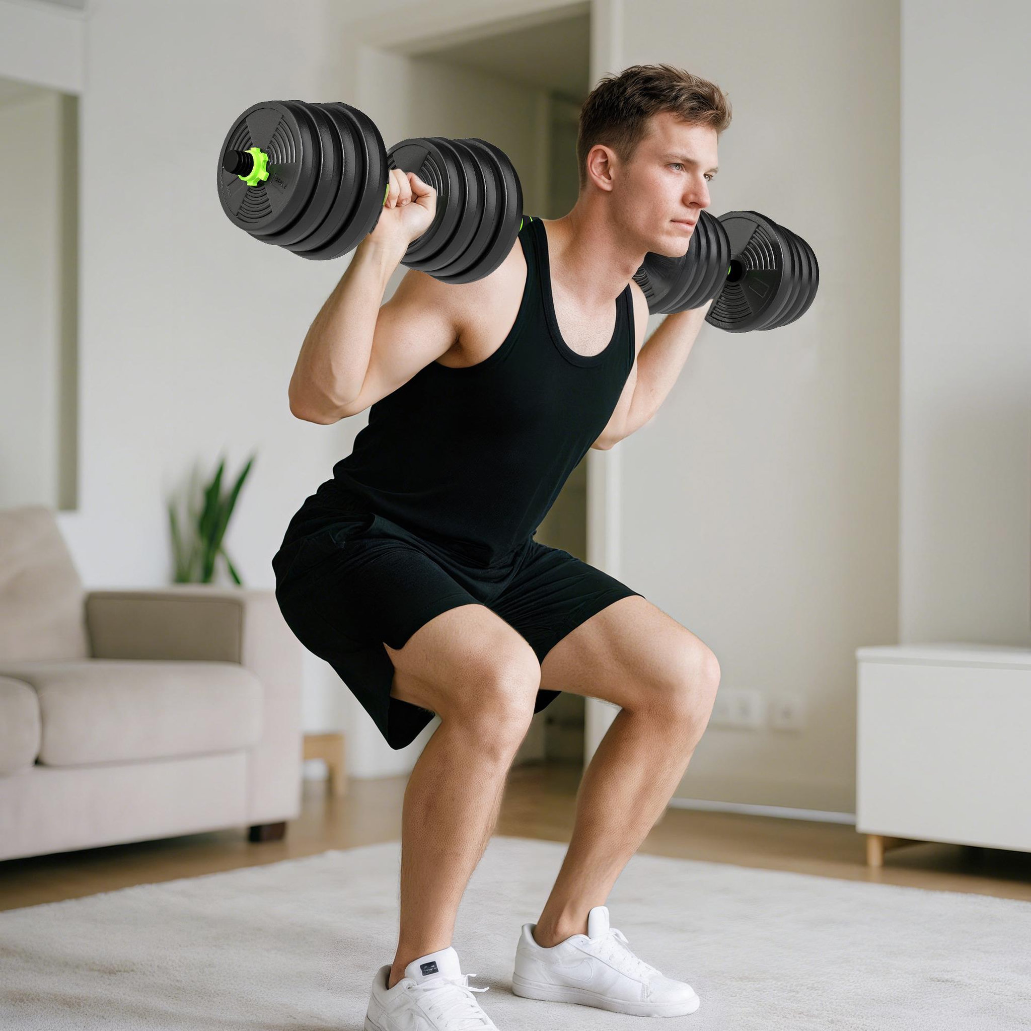 Voir la diapositive 6 : HOMCOM Ensemble d'haltères musculation multifonction 3 en 1 - haltères, olympic barre, curl ez barre - total 30kg - pvc vert noir