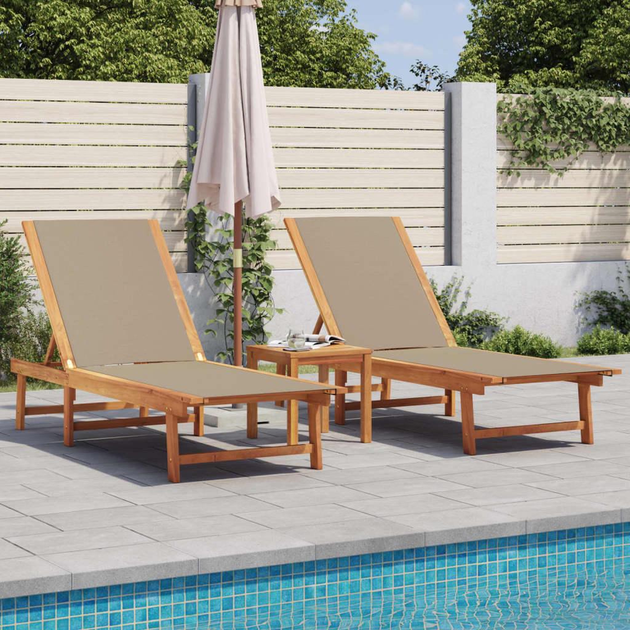 VIDAXL Chaises longues lot de 2 table taupe bois d'acacia et textilene