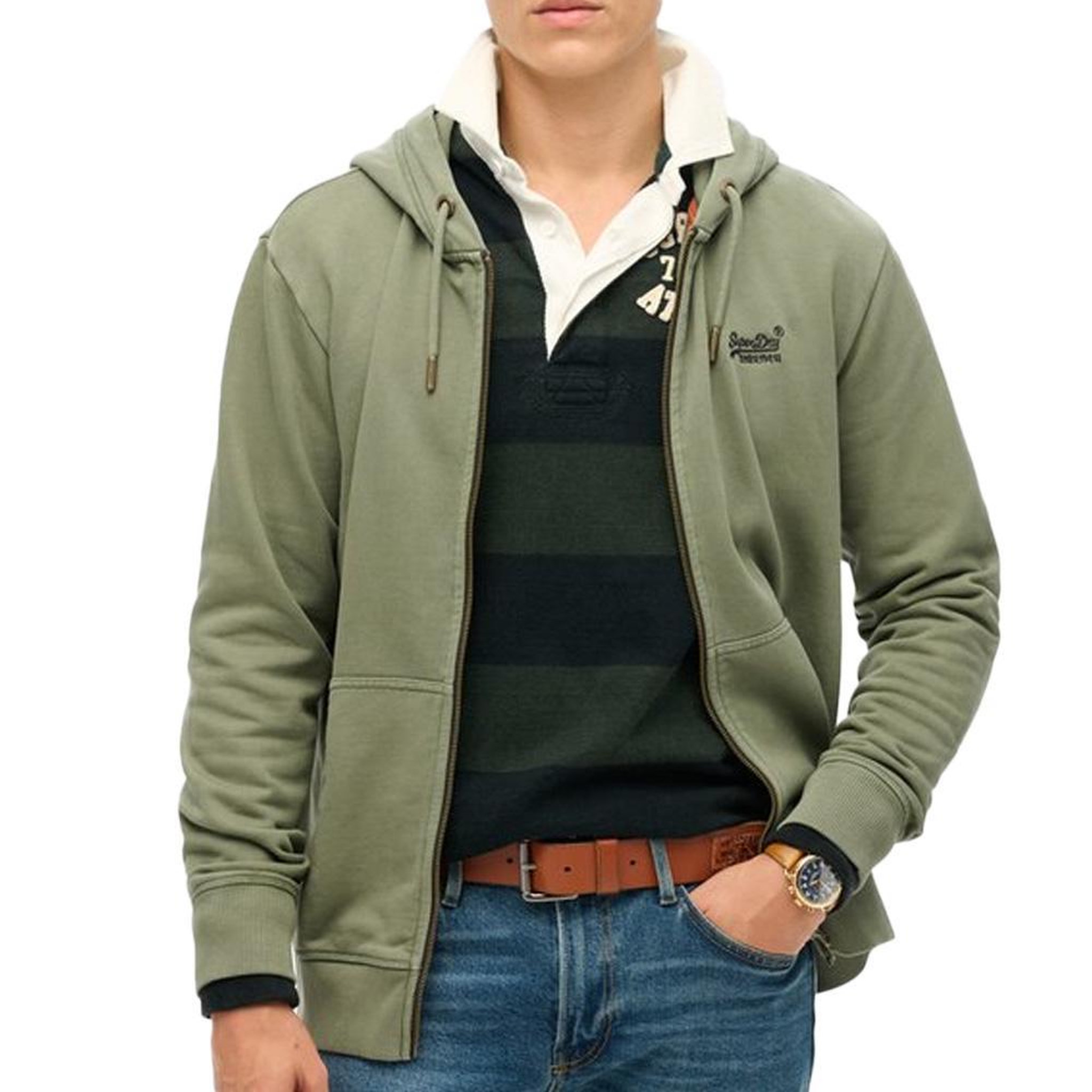 SUPERDRY Sweat Zippé  Homme Superdry Essential Washed Ziphood. Coloris disponibles : Vert