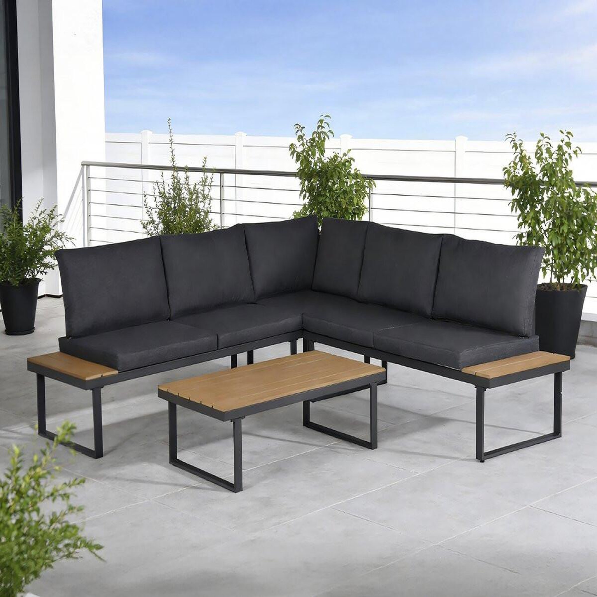 Voir la diapositive 2 : Habitat et Jardin Salon de jardin canapé d'angle décor imitation bois  fiora  - 5 places - gris