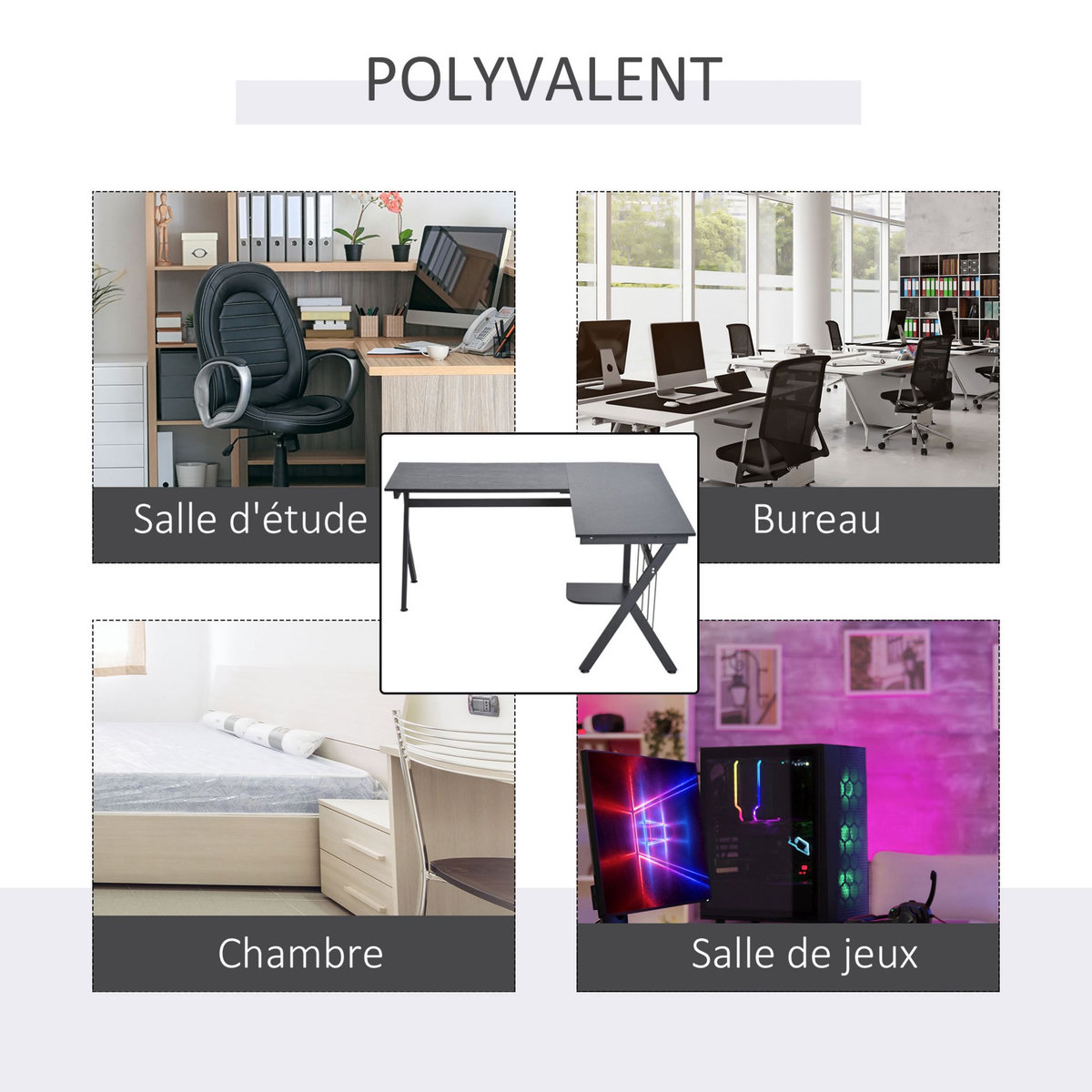 HOMCOM Bureau d'angle informatique design contemporain 155L x 130l x 76H cm MDF acier noir