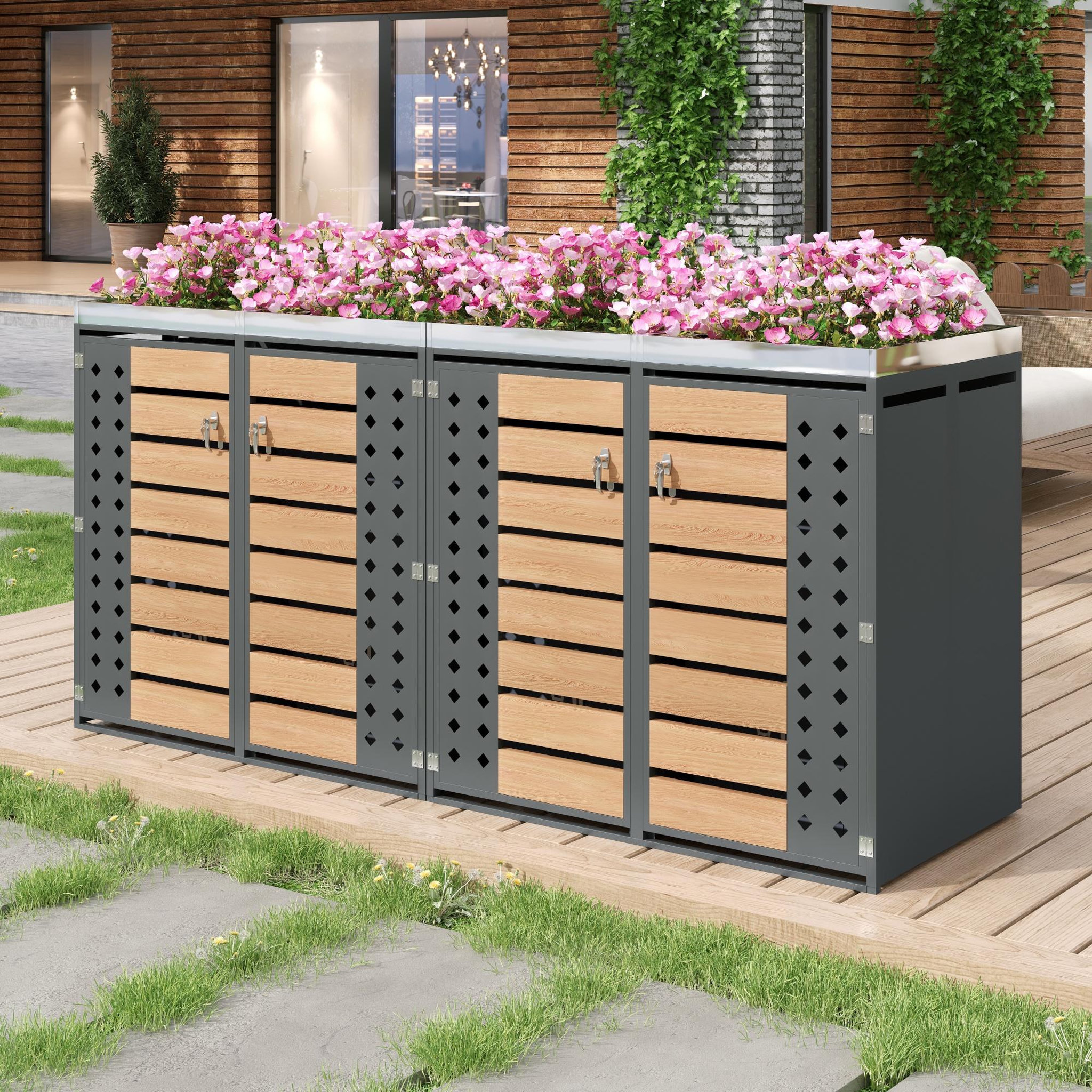 Voir la diapositive 5 : MERAX Cache Poubelle Extérieur Lot de 2 avec Verrouillage et Jardinière, Gris