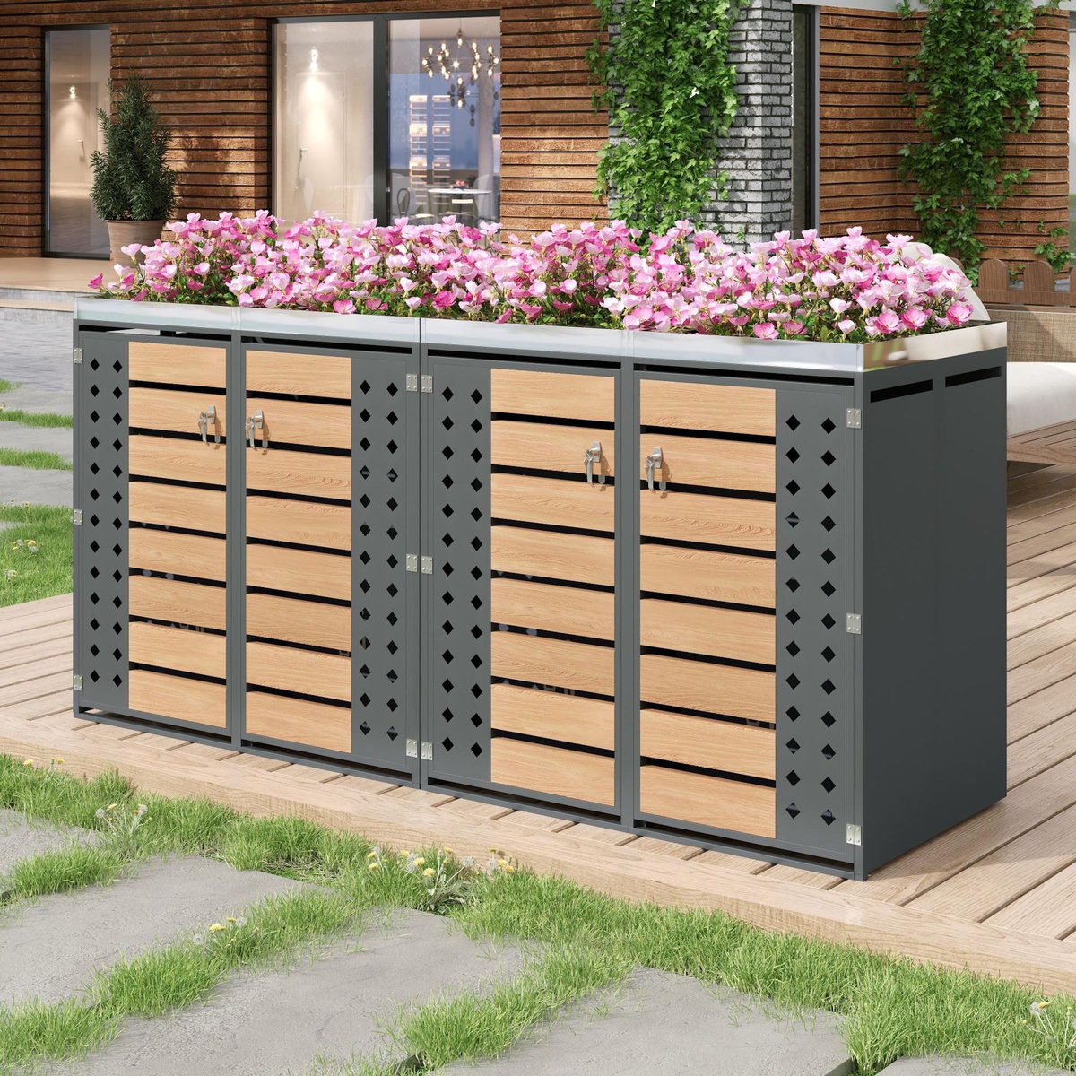 MERAX Cache Poubelle Extérieur Lot de 2 avec Verrouillage et Jardinière, Gris