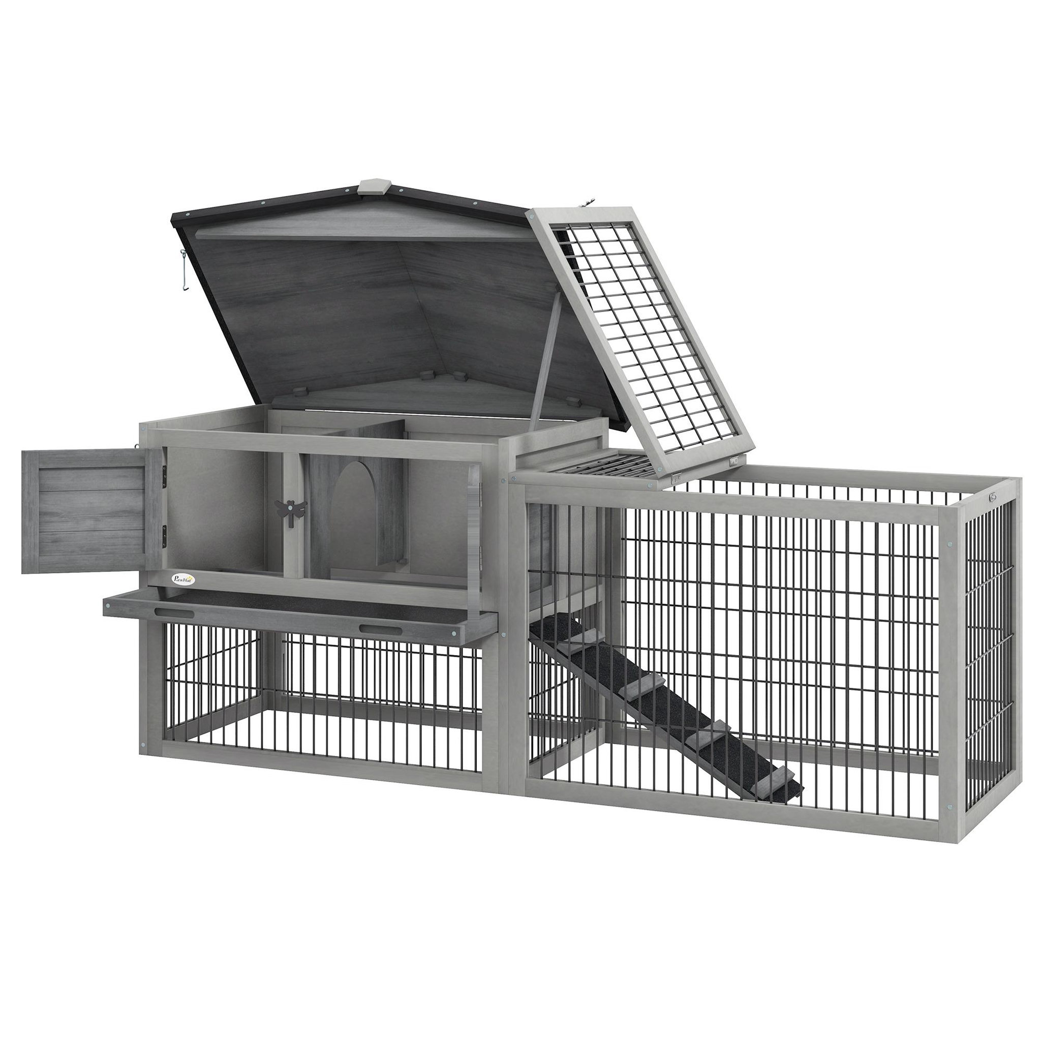Voir la diapositive 4 : PAWHUT Clapier cage à lapins cottage - niche haute, rampe, enclos extérieur - plateau excrément, toit ouvrant, 2 portes verrouillables - bois gris