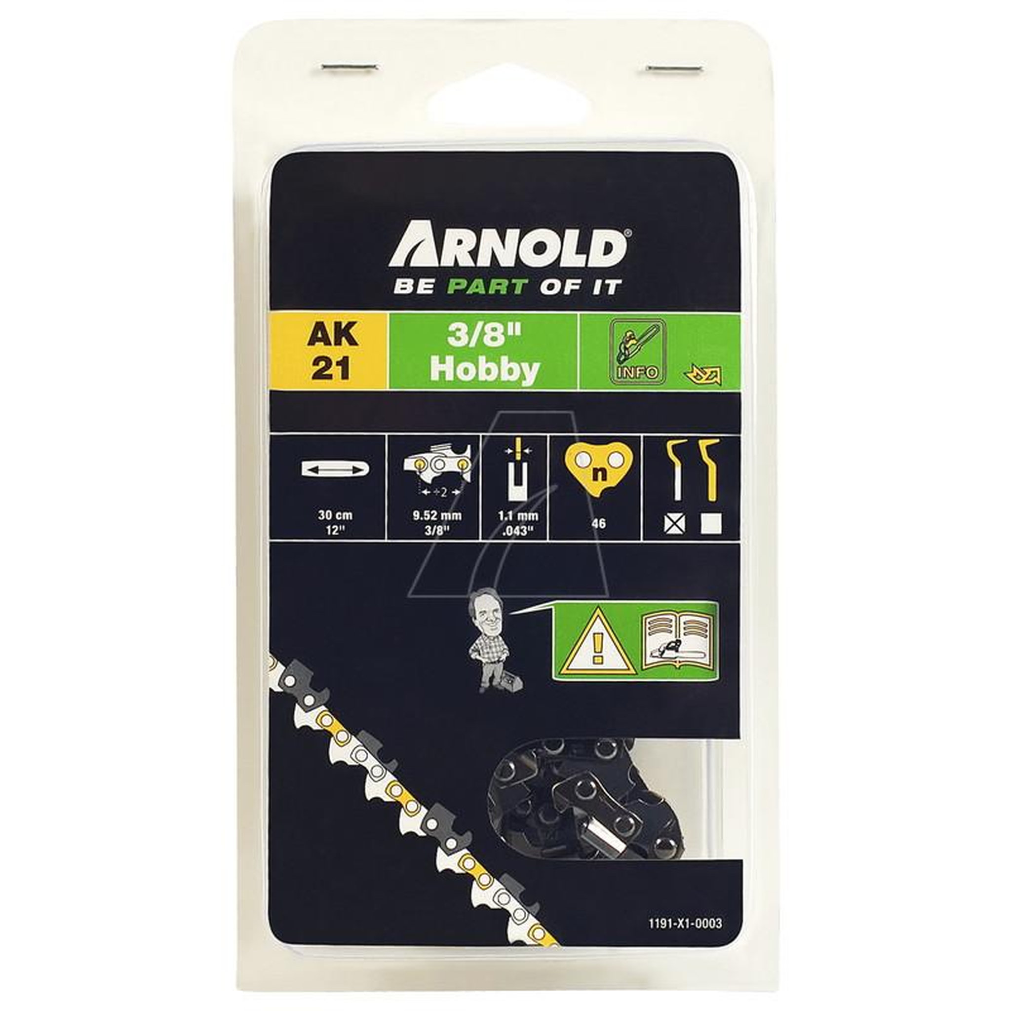 ARNOLD Chaîne de tronçonneuse 3/8 , 1,1mm - 46 maillons d'entraineurs - gouges demi-rondes
