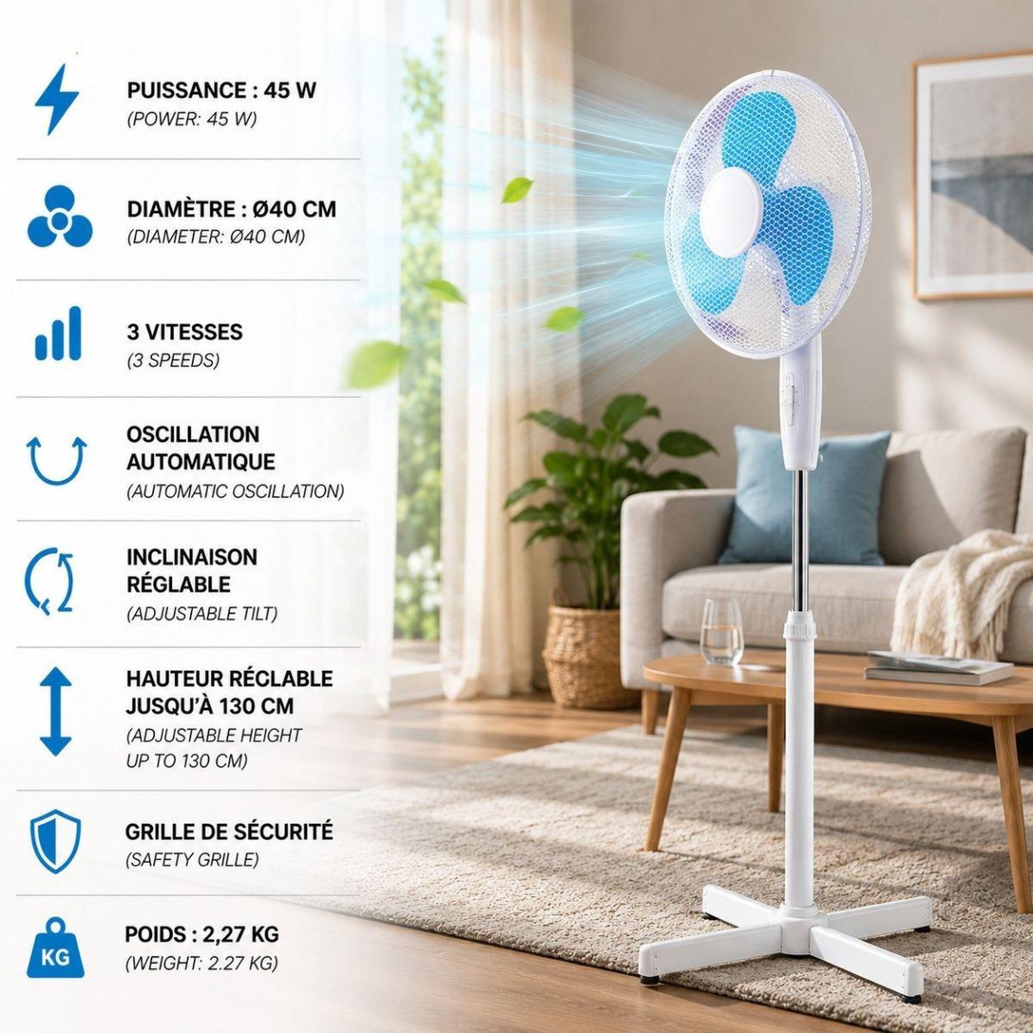 Voir la diapositive 2 : INTEC Ventilateur sur pied 45w ø40cm oscillant 3 vitesses hauteur réglable rafraîchissement anti canicule
