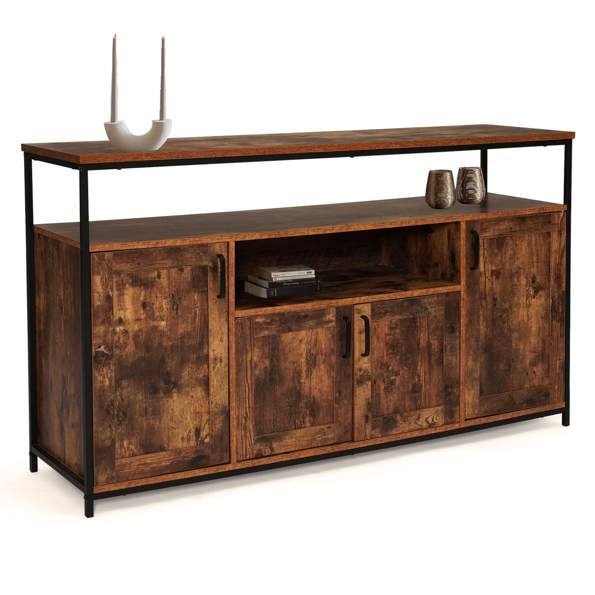 ID MARKET Buffet 140 cm dayton 4 portes avec niche effet vieilli design industriel