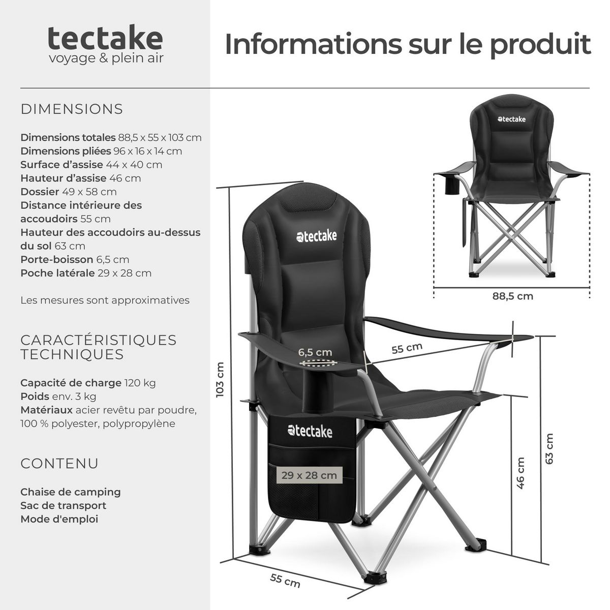 tectake Chaise de camping rembourrée pliable avec sac de transport inclus noir