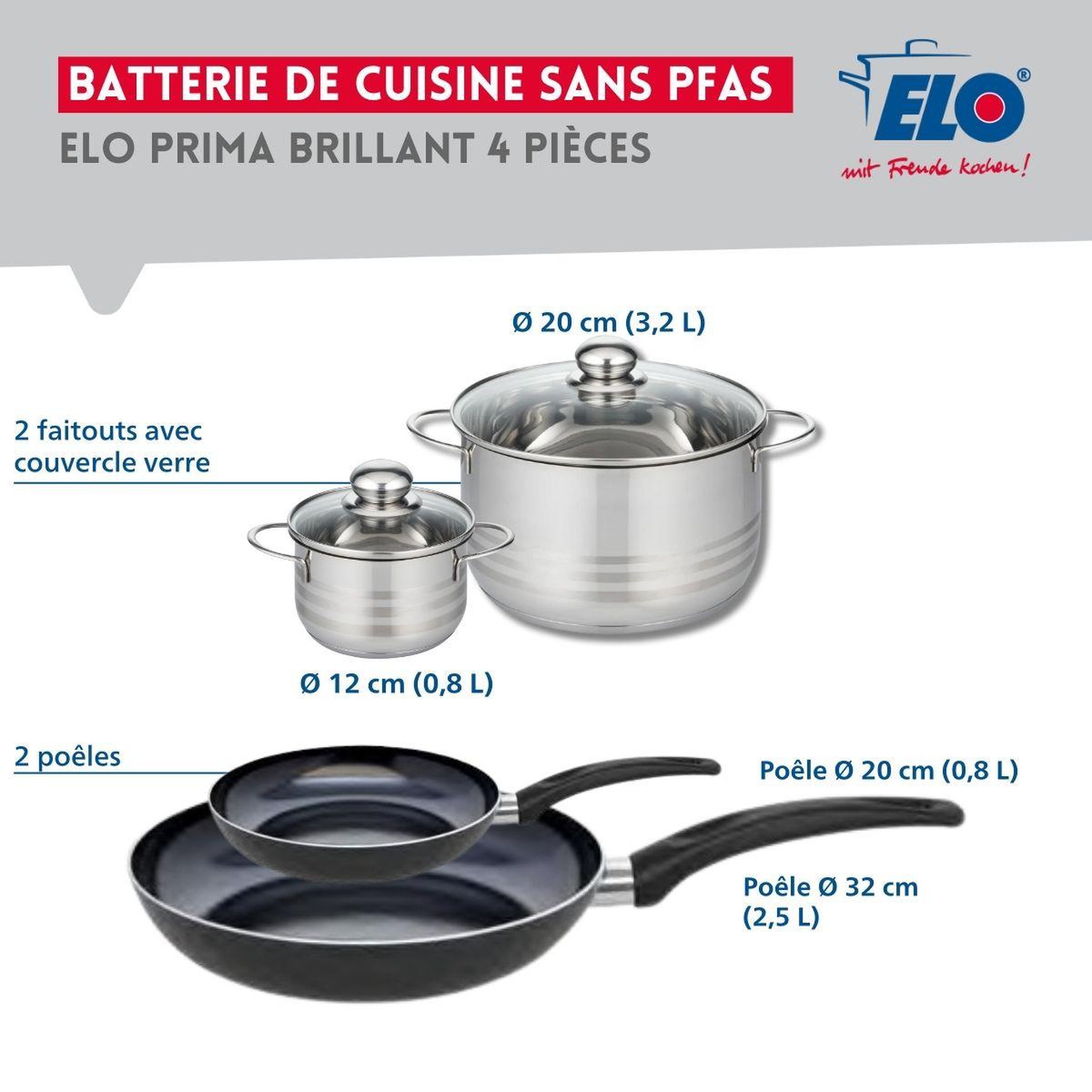 Voir la diapositive 2 : ELO Ensemble de 2 poêles de cuisson 20 et 32 cm et 2 faitouts 12 et 20 cm elo prima brillant