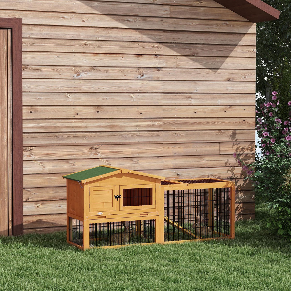 PAWHUT Clapier cage à lapins cottage - niche haute, rampe, enclos extérieur - plateau excrément, toit ouvrant, 2 portes verrouillables - bois naturel