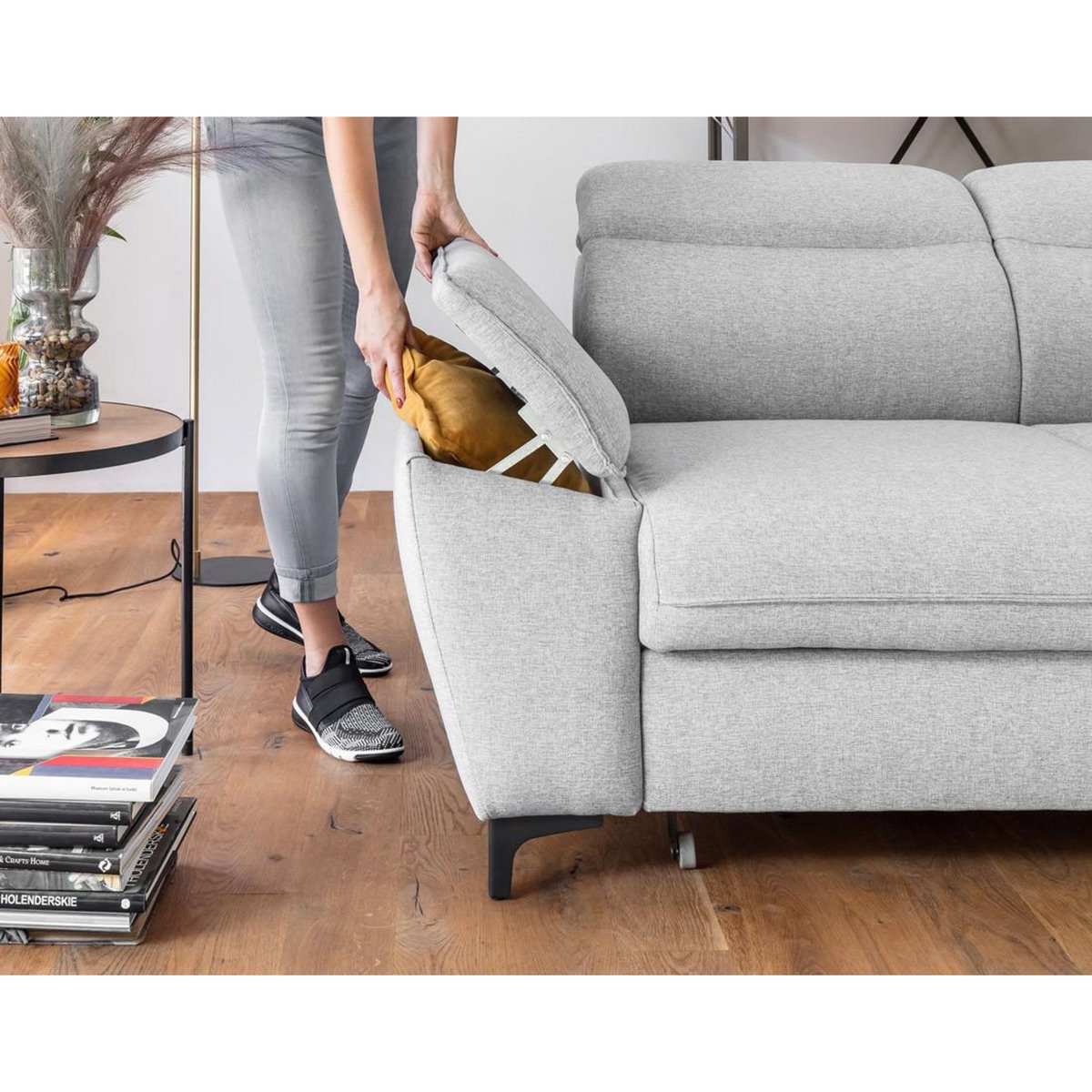 BEST MOBILIER Clever - canapé d'angle droit - 5 places - convertible avec coffre et têtières - en tissu