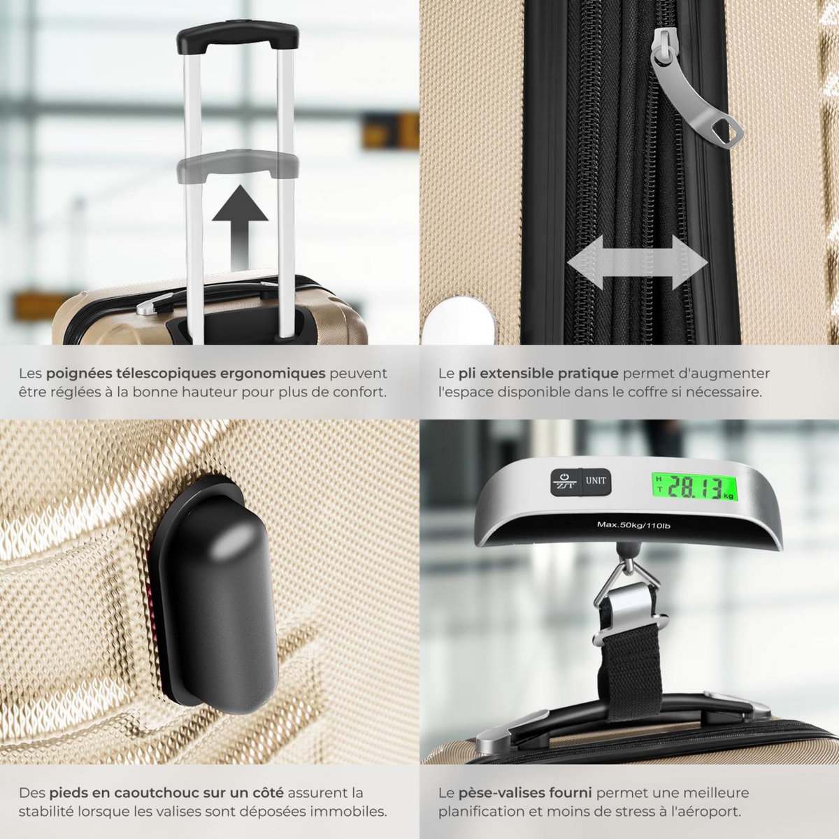 tectake Set de valises rigides 4 pièces en plastique ABS robuste, pèse-bagages et une étiquette de valise incluses champagne