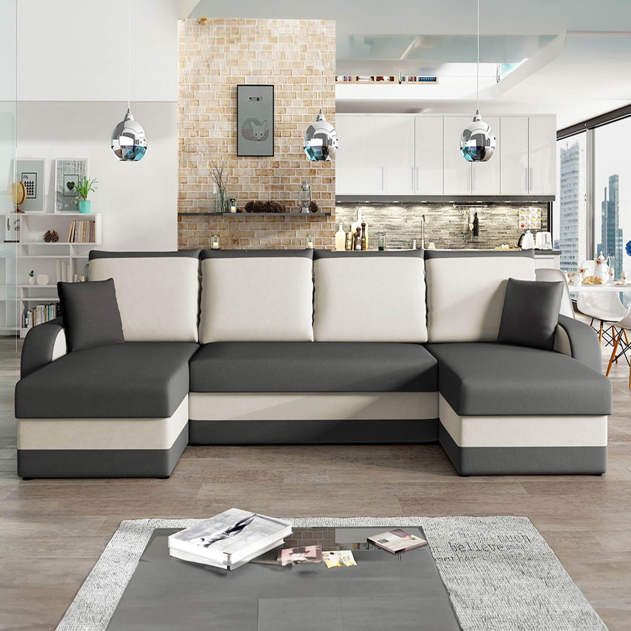 BEST MOBILIER Valos - canapé panoramique en u - 7 places - convertible avec coffre - en velours. Coloris disponibles : Bicolore, Gris