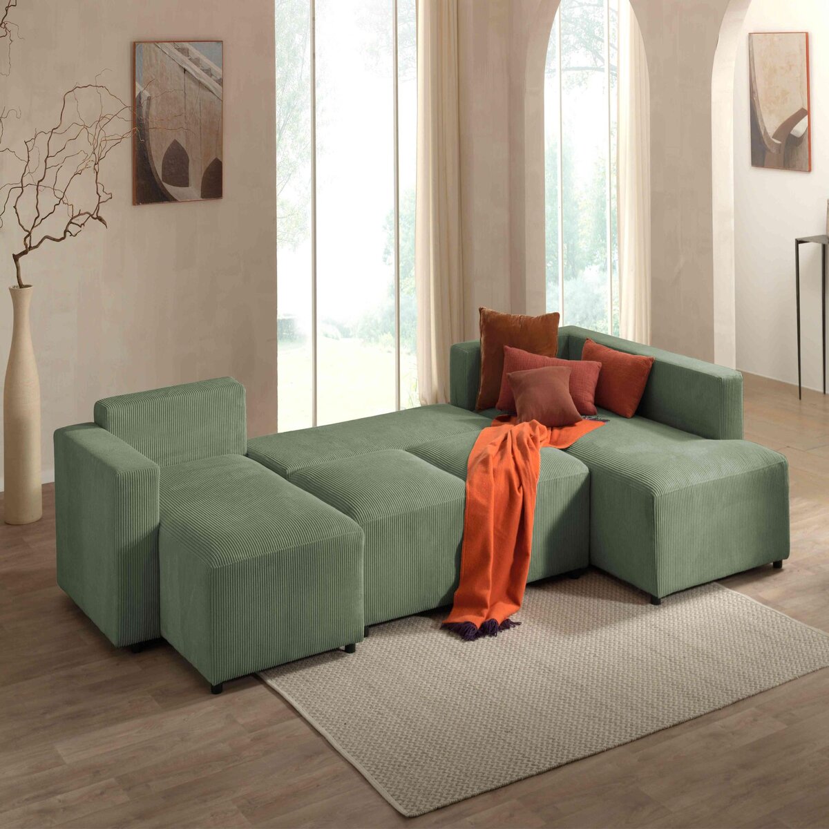 LISA DESIGN Livy - canapé panoramique convertible - avec coffre - en velours côtelé - 7 places - droit