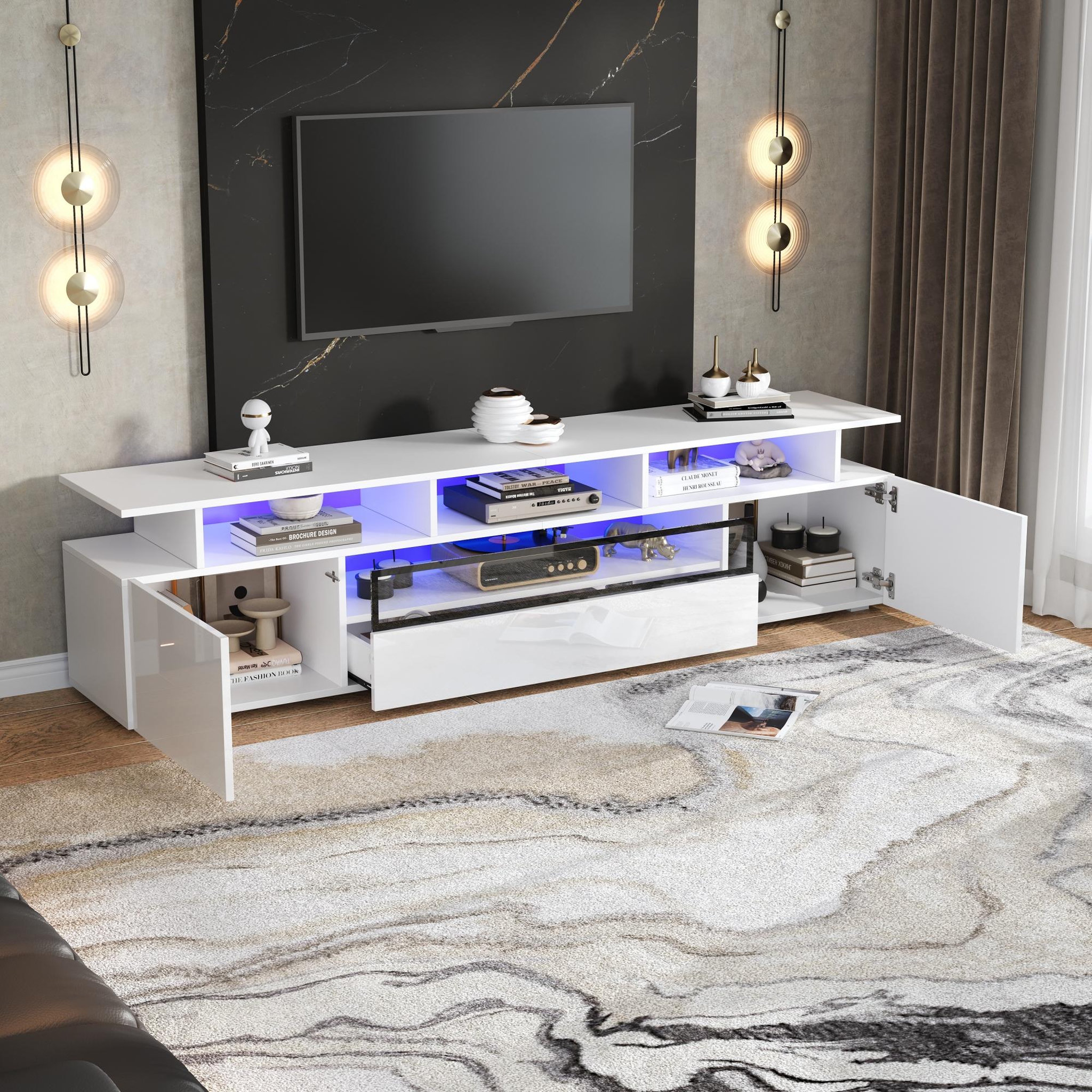 Voir la diapositive 5 : MERAX Meuble tv blanc 180 cm led panneau de particules