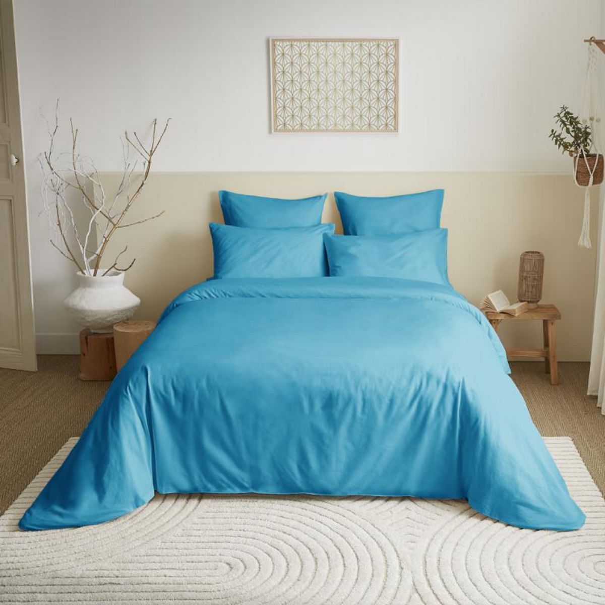 COTON PUR Pack complet 6 pièces unicolore Turquoise housse de couette pour lit 180 x 200 cm  King size