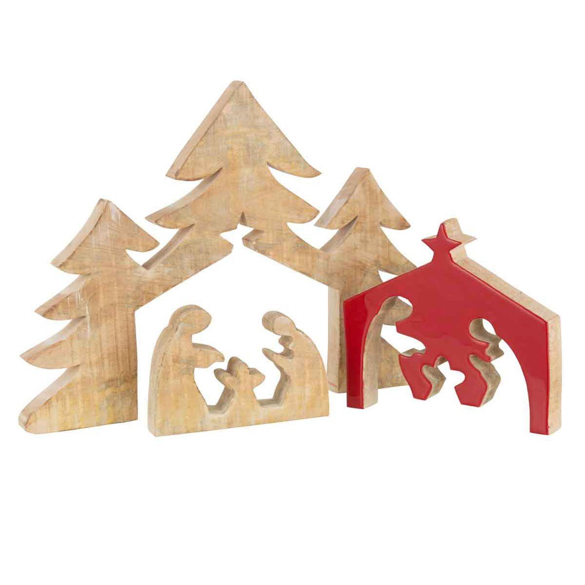 Voir la diapositive 3 : J-LINE Statuette déco bois  puzzle nativité  55cm rouge