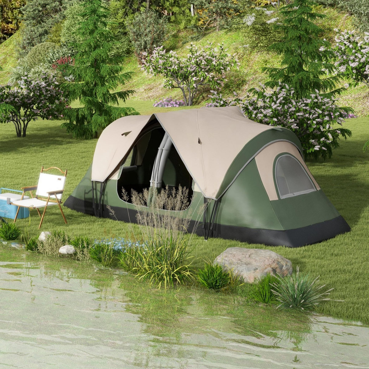 OUTSUNNY Tente de camping familiale 6-8 pers. double toit étanche 2 000 mm moustiquaire sac de tranport vert