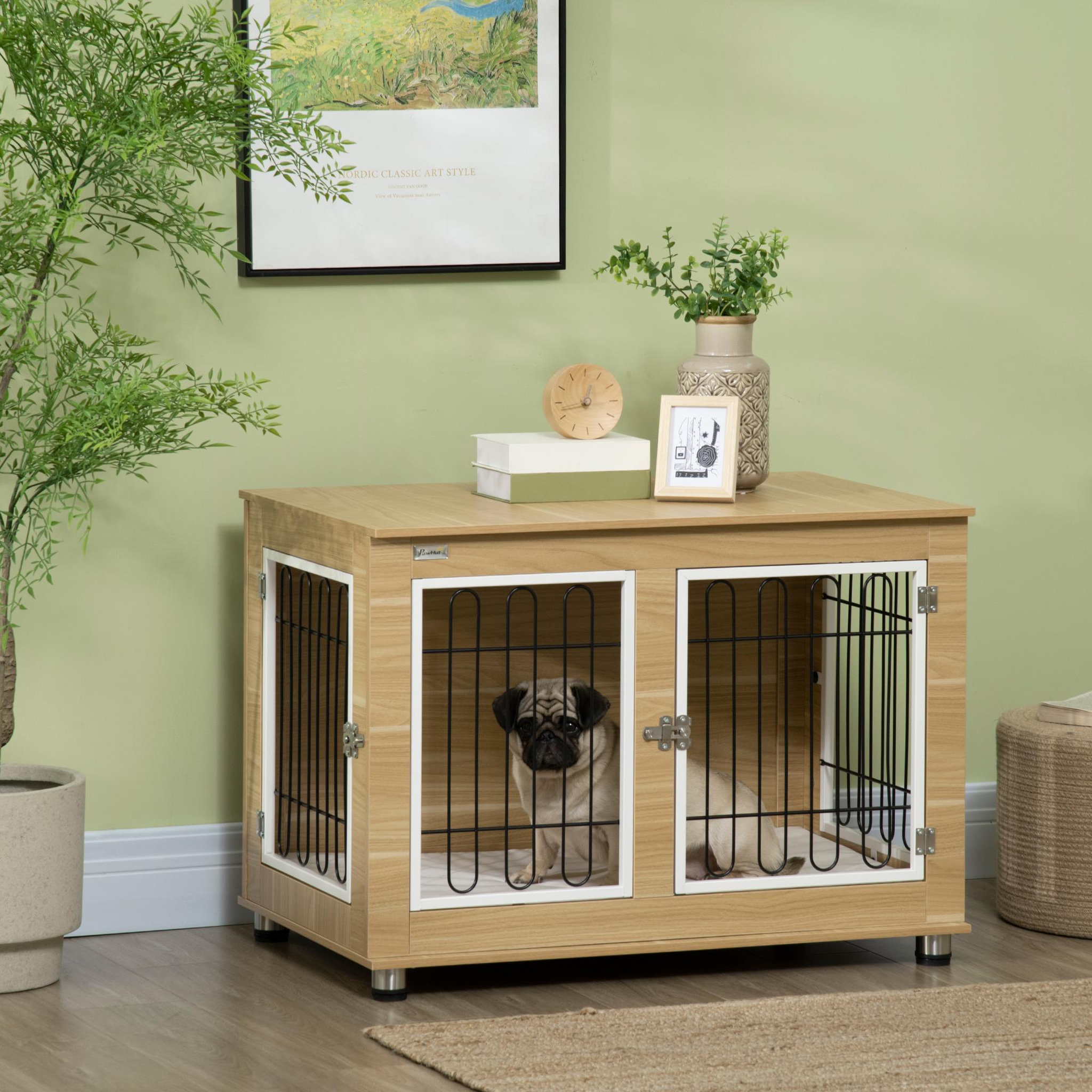Voir la diapositive 2 : PAWHUT Cage pour chien sur pied - 2 portes verrouillables, coussin déhoussable inclus - acier filaire noir panneaux aspect bois clair