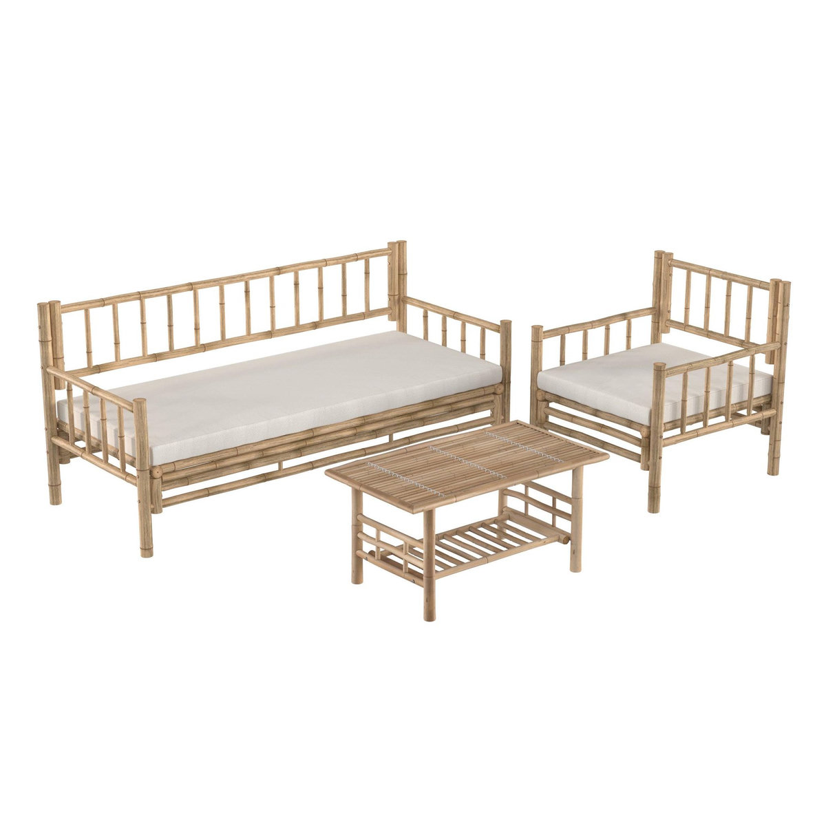 Rendez vous déco Salon de jardin blanc en bambou avec canapé, fauteuil et table basse-Vadella