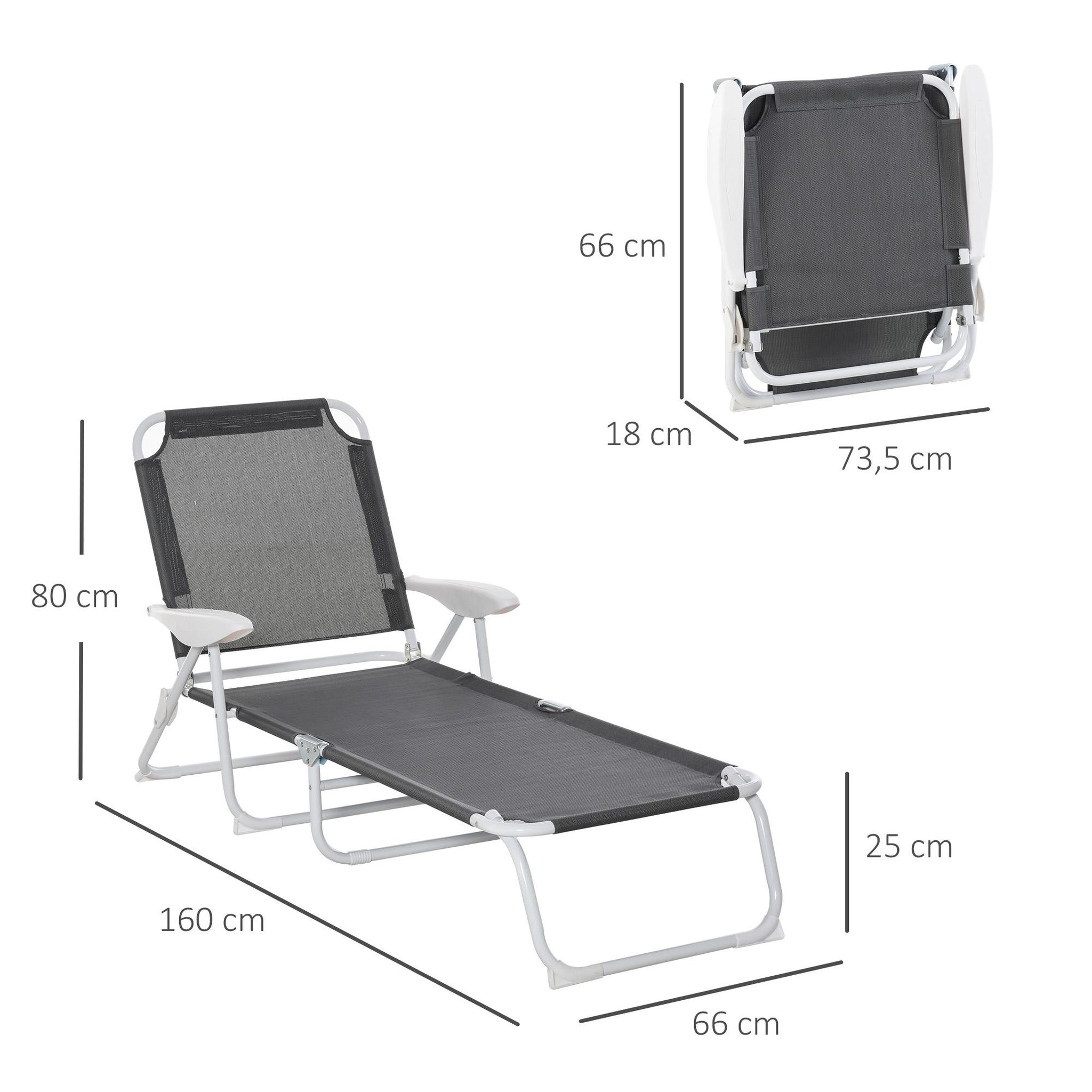 Voir la diapositive 3 : OUTSUNNY Bain de soleil pliable - transat inclinable 4 positions - chaise longue grand confort avec accoudoirs - métal époxy textilène - dim. 160L x 66l x 80H cm - gris foncé