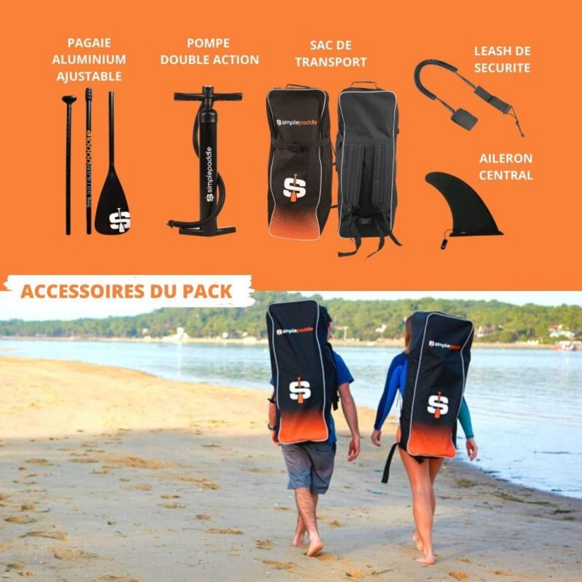SIMPLE PADDLE Paddle Gonflable L 11' 32'' 6'' (335 x 81 x 15 cm) avec Pagaie, Leash, Pompe et Sac de Transport