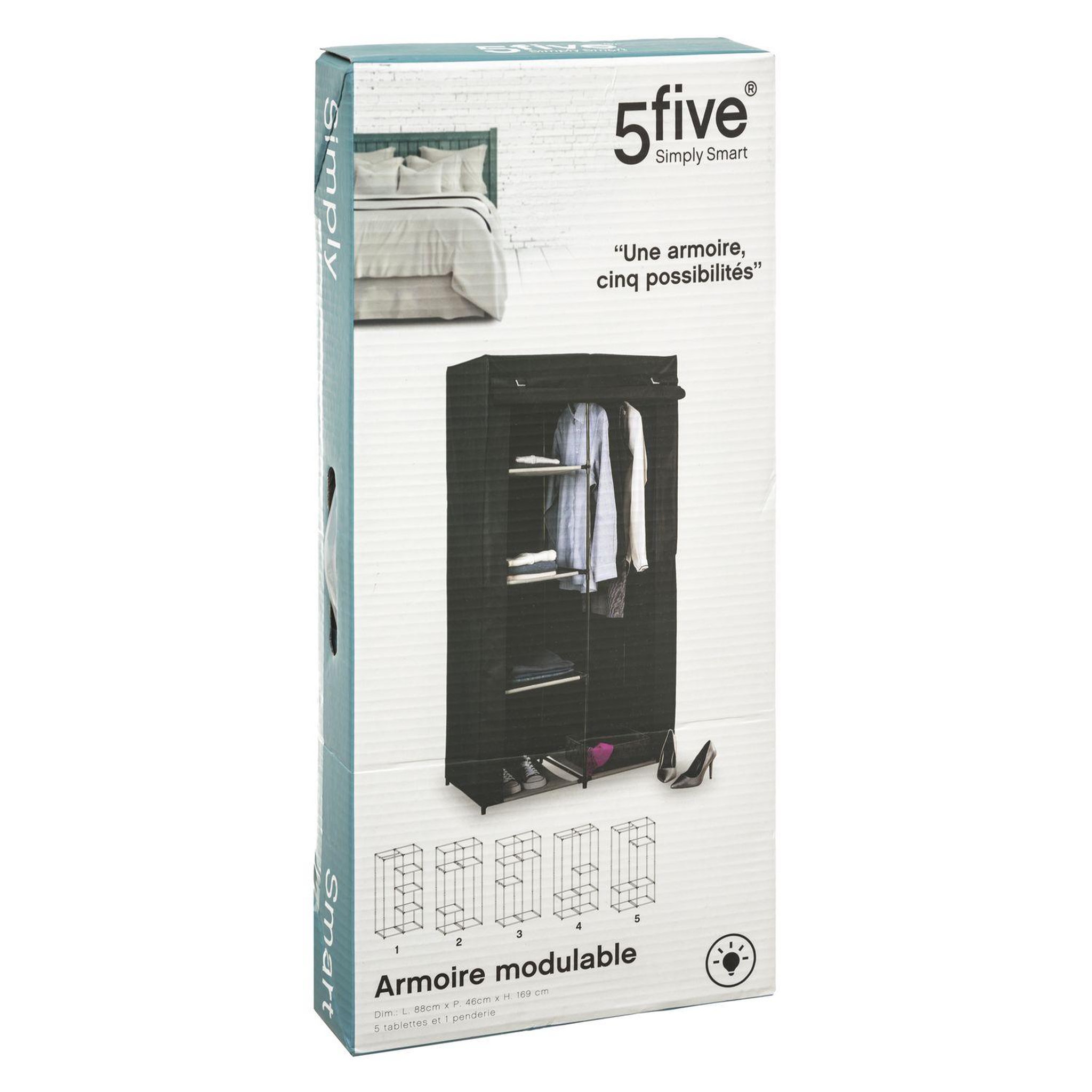 Voir la diapositive 4 : FIVE Armoire en tissu modulable avec 3 penderies et 5 étagères - noir