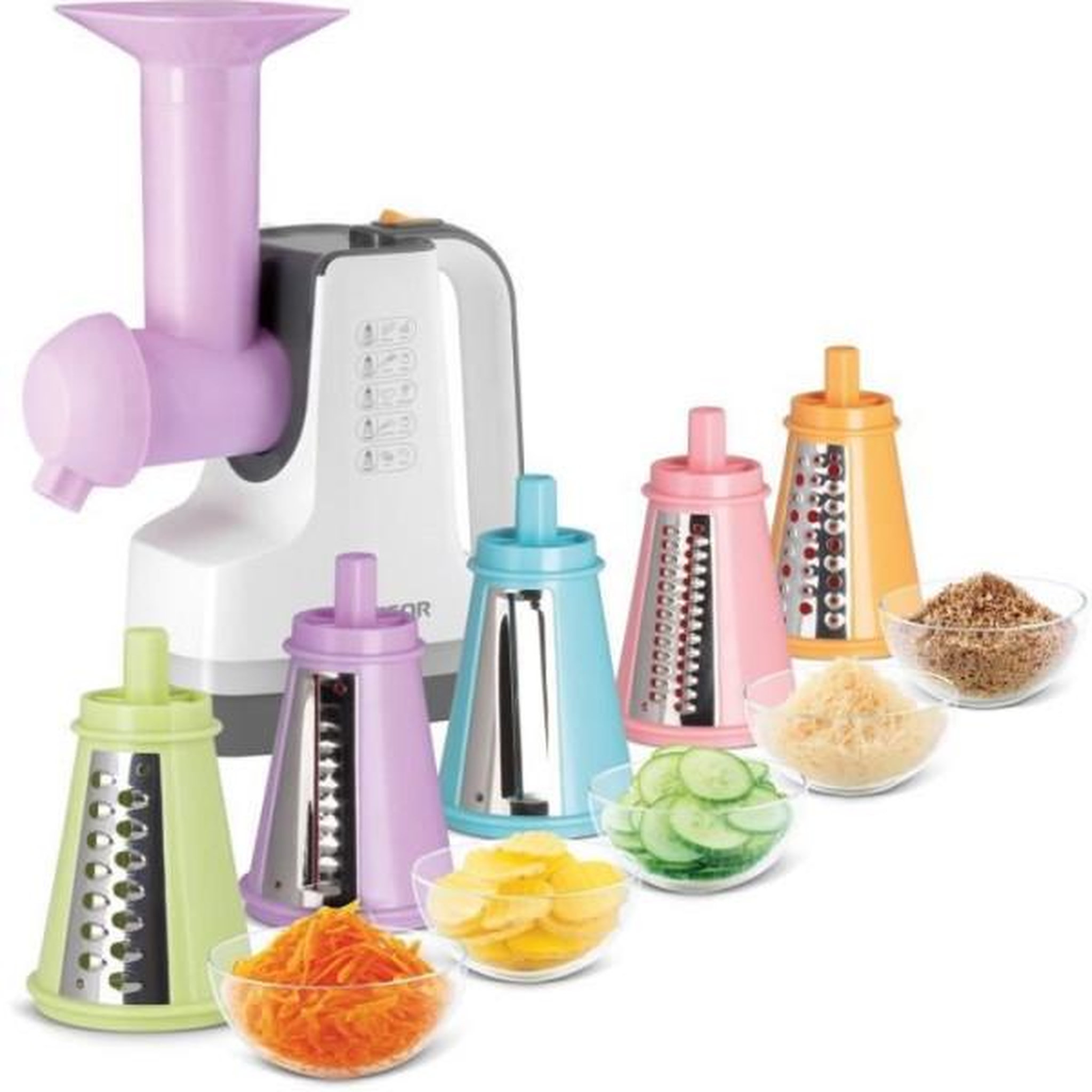 Voir la diapositive 3 : MARKET24 Trancheuse Découpe légumes et sorbétiere - SENCOR - SSG 4500WH - 150 W - 6 accessoires - Blanc