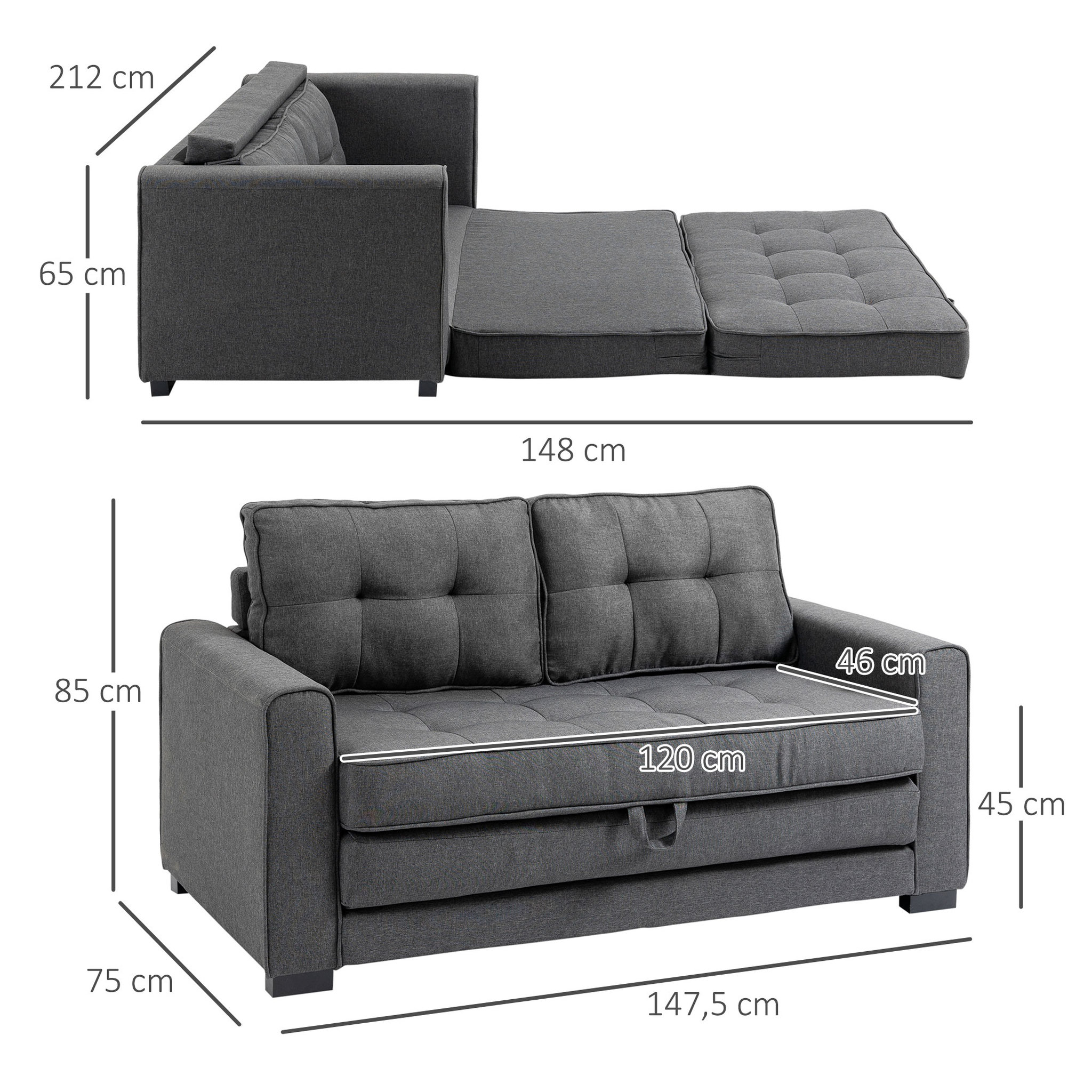 Voir la diapositive 3 : HOMCOM Canapé convertible 2 places design contemporain assise dossier capitonnés polyester aspect lin gris