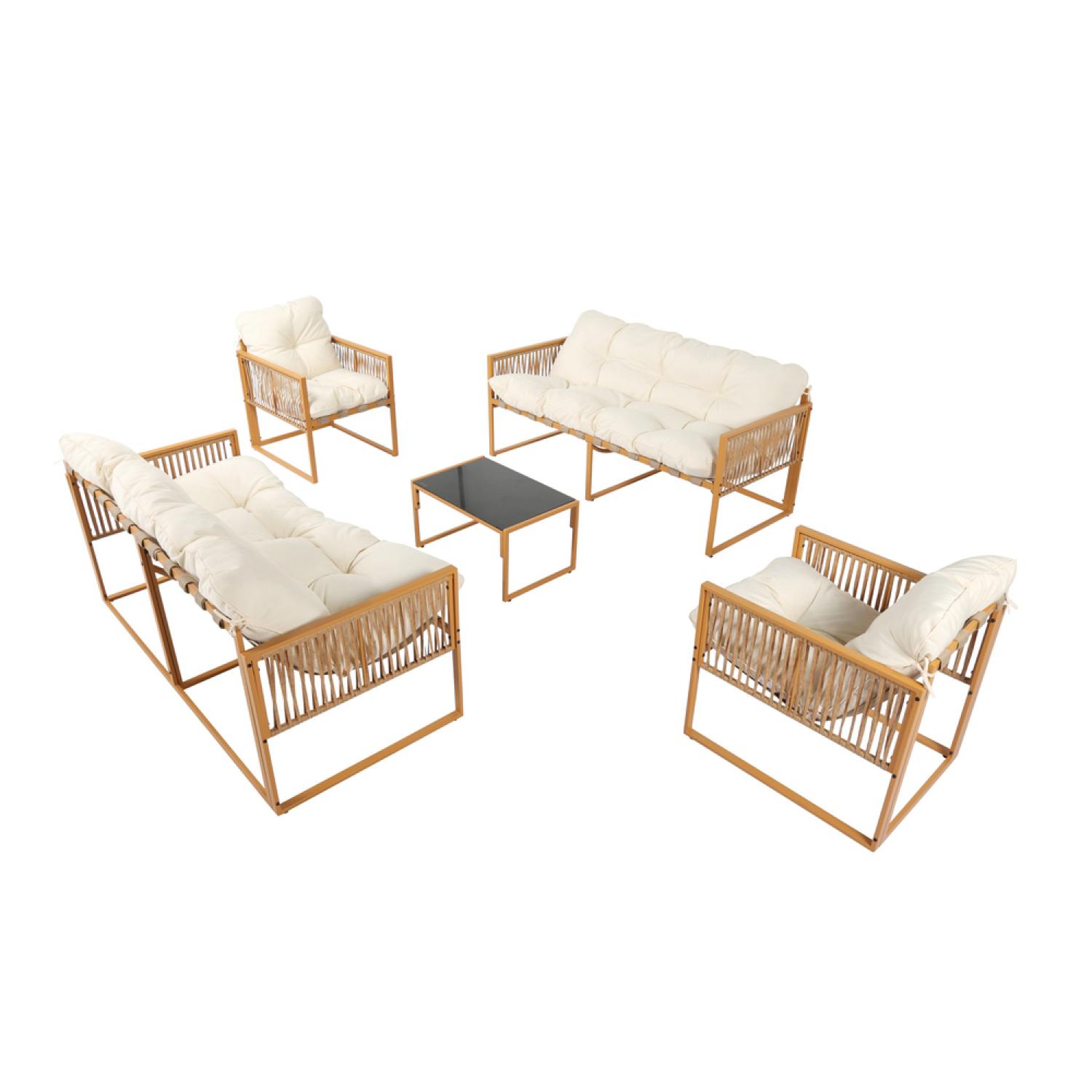 CONCEPT USINE Salon de jardin 8 places effet rotin coussins blancs turini